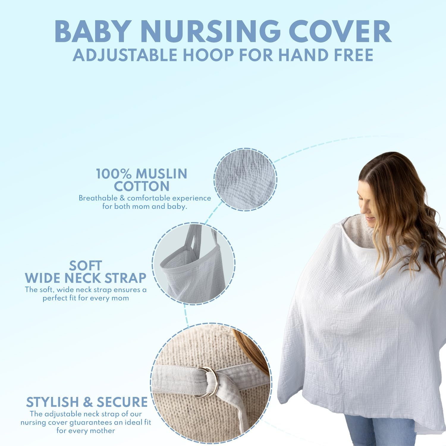 ACTIVE BABY Nursing Cover for Breastfeeding Mom with Adjustable Hoop for Hand Free Breathable Nursing Cover up | 100% Muslin Cotton Light Weight Breastfeeding Cover Wrap Shawl Scarf (Evaporation Gray) image number 6