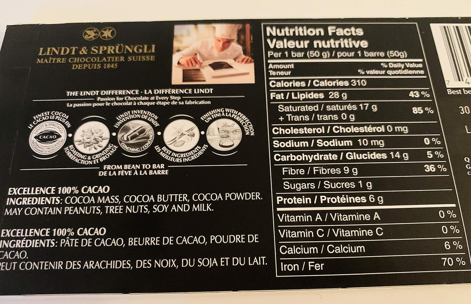 LINDT EXCELLENCE 100% CACAO PURE DARK CHOCOLATE50G image number 2
