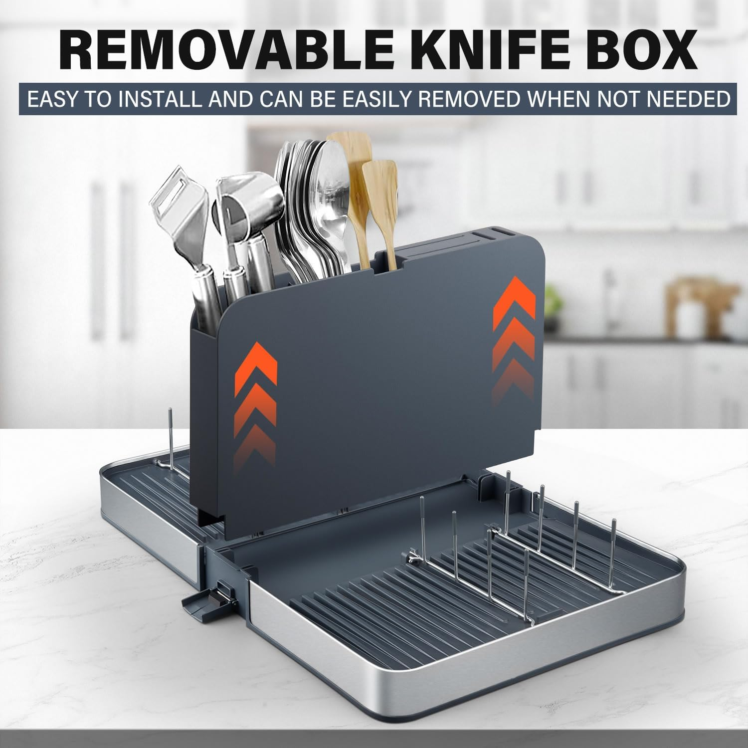 Stelive Foldable Dish Drainer Rack with Removable Cutlery Holder Stainless-Steel Dish Drying Rack with Dual Parts, Space-Saving Dish Rack, Rustproof Utensil Drainer for Kitchen Counter, Gray/Steel image number 2