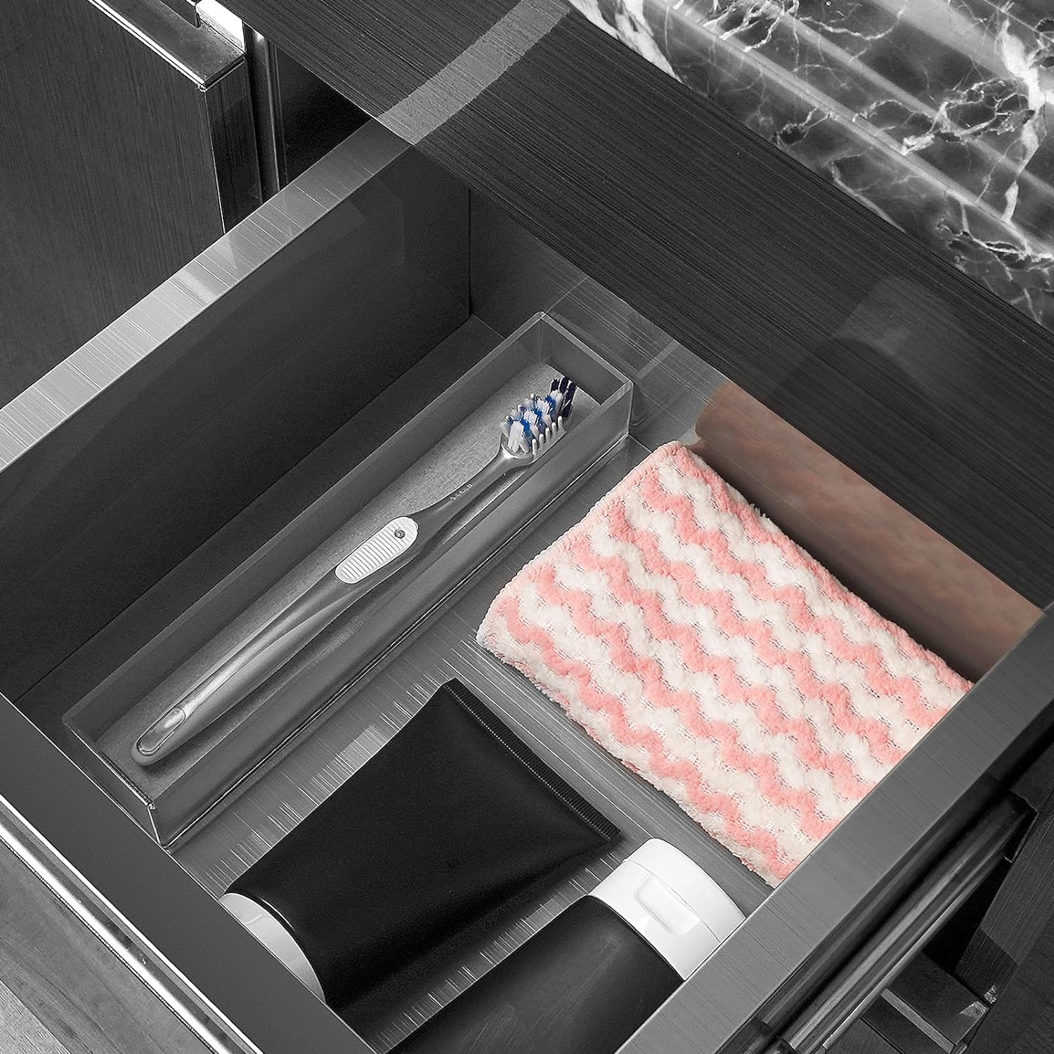 Linkidea Acrylic Toothbrush Holder with Drainage Hole, Bathroom Drawer Organizer with Drying Diatomite Stone, Compatible with Extra Clean, Oral-B Crossaction Toothbrush image number 4