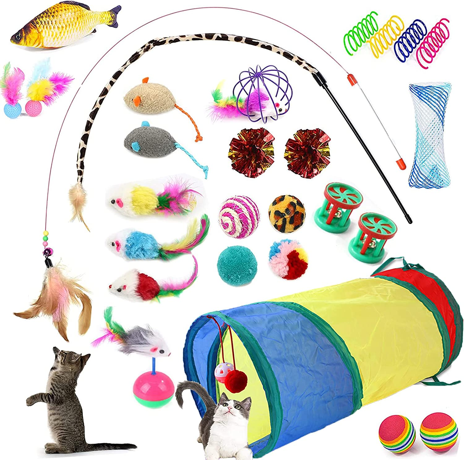 28 PCS Cat Toys,Set of Cat Toys for Indoor Cats,Variety Catnip Toys with Collapsible Rainbow Tunnel Interactive Feather Teaser Fluffy Mouse Crinkle Balls Spring and Bells Toy Set for Kitty and Cats image number 4