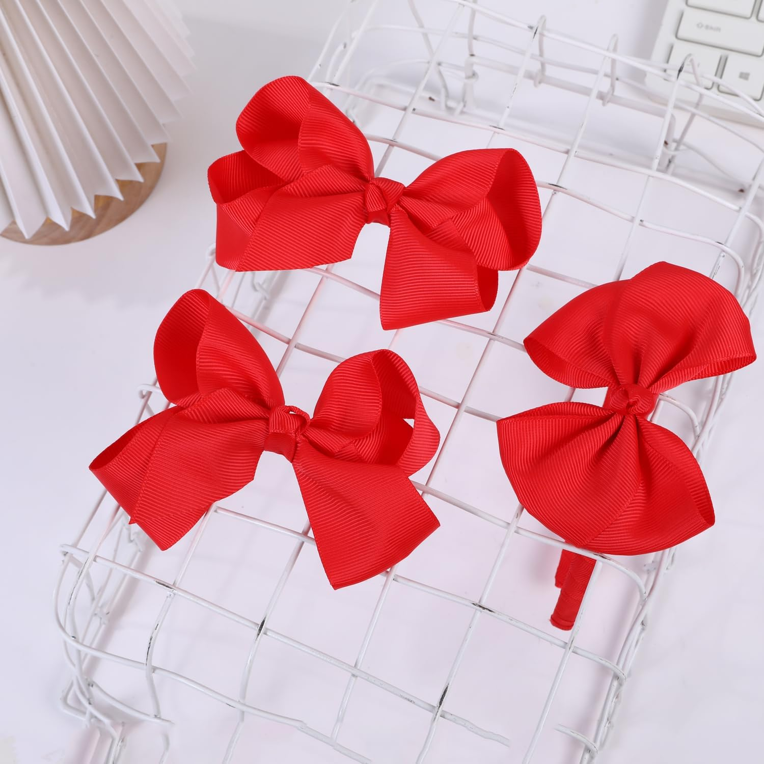 Bow Headband & 2 Pcs 4 Inch Hair Bows Set, Black School Hair Accessories for Little Toddler School Girls (Red) image number 6