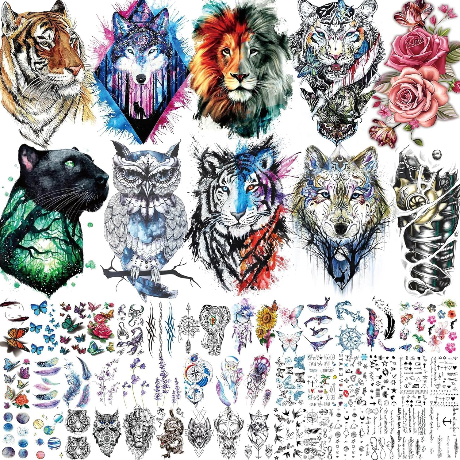 BUYUP Temporary Tattoos Adult,56 Sheets Watercolor Owl Tiger Lion Temporary Tattoos for Women Men Body Art Arm Thigh, 3D Long Lasting Realistic Fake Tattoo Sleeve Stickers, Temp Tatoos Kids image number 1