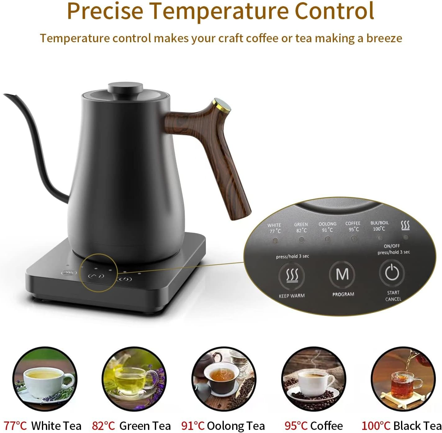 Electric Gooseneck Kettle 0.8L, 304 Stainless Steel Smart Professional Coffee and Tea Pot, Automatic Temperature Control and Constant Temperature, 1000W Quick Heating (Black) image number 4