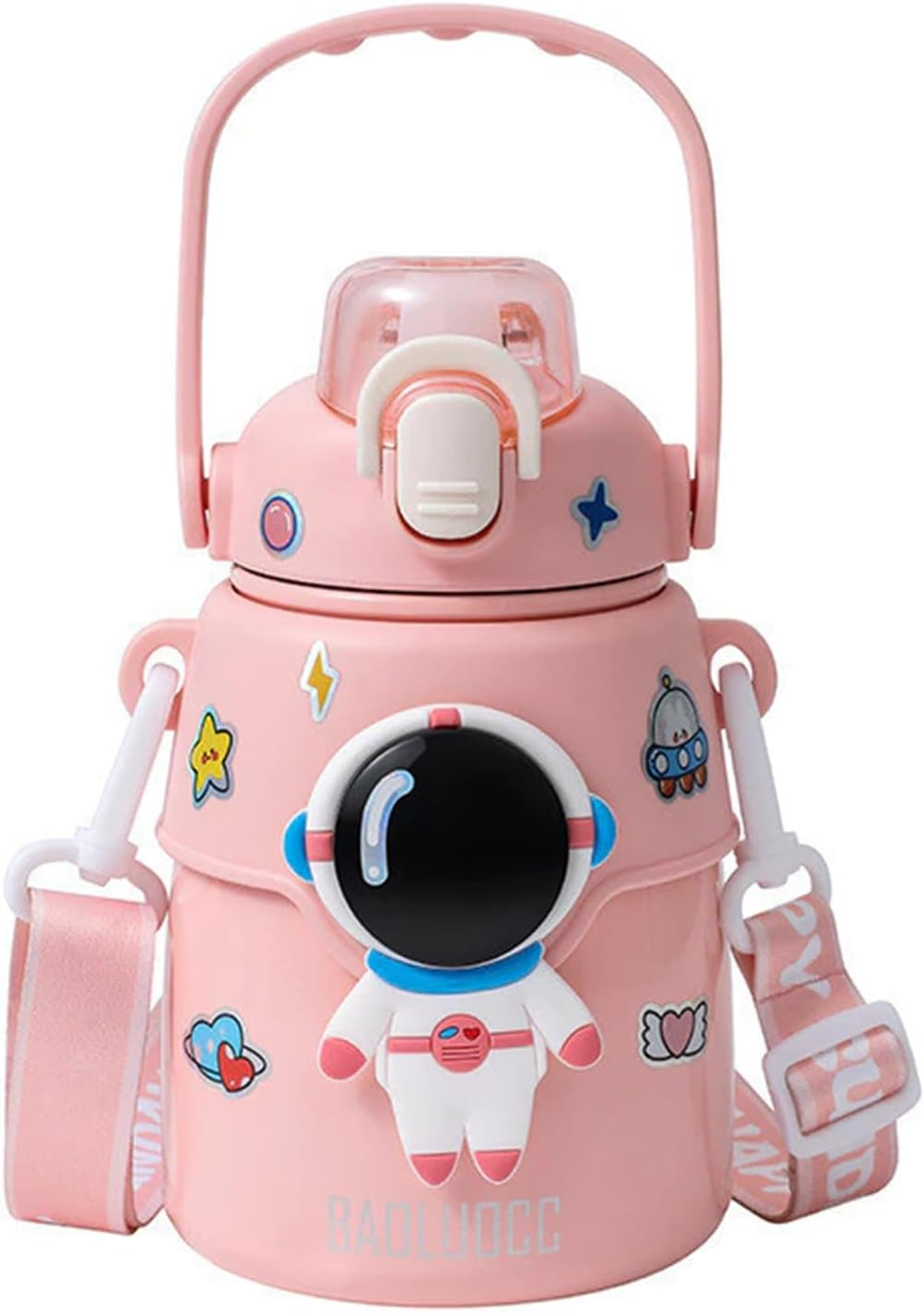 Outer Space Kids Water Bottle &ndash; 850Ml Leakproof Stainless Steel Thermos with Straw Lid, Strap & Stickers &ndash; Insulated Double Wall Bottle Keeps Drinks Cold 24H / Hot 12H for School & Travel - Blue