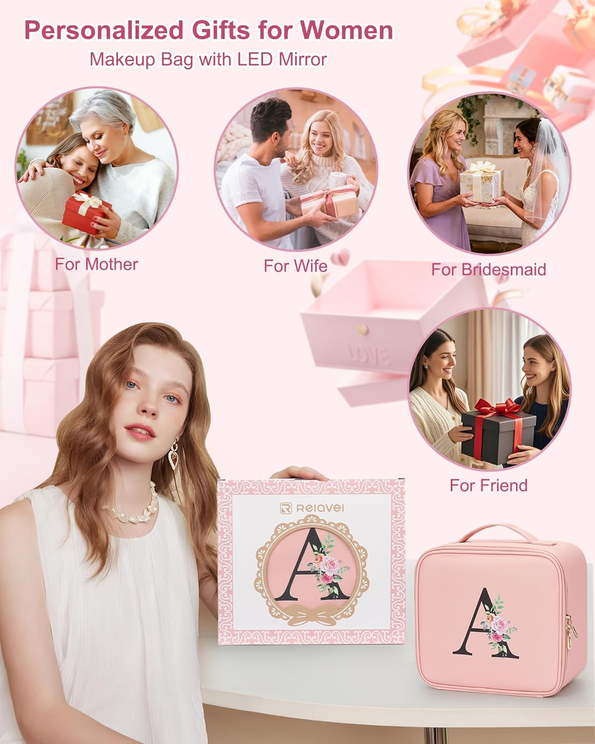 Relavel Makeup Bag with LED Mirror Cute Personalized Initial Makeup Bag for Women Pink Cosmetic Travel Toiletry Bag Girl Gifts, Pink image number 2