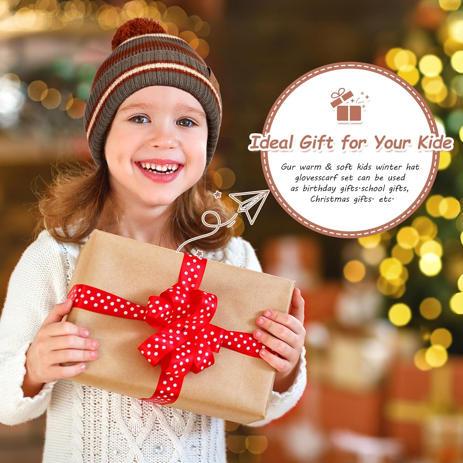 OZERO Kids Toddlers Winter Knit Warm Beanie Hat Scarf Gloves Set for Boys Girls Age 5-10, Knit Cap Neck Warmer Gloves Fleece Lined