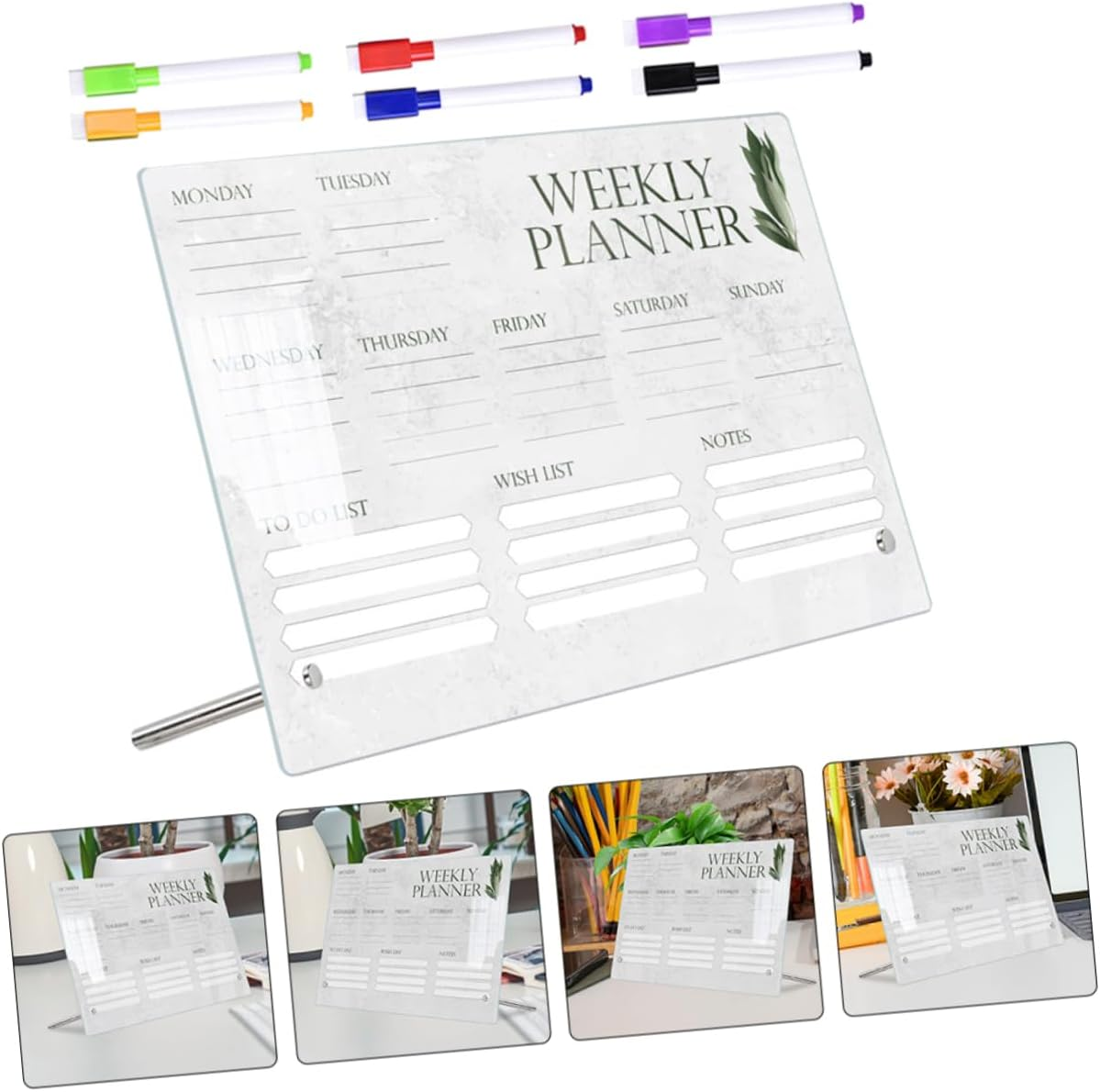 NUOBESTY Acrylic Memo Board 2 Whiteboard Pens and 2 Advertising Pins, Erasable Desktop Note Board for Weekly Planning, Home and School Message Organizer image number 2