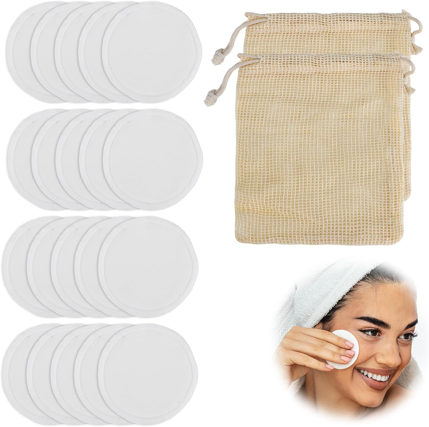 20 Pack Reusable Makeup Remover Pads, Bamboo Facial Rounds Ultra-Soft for All Skin Types, Gentle Exfoliating & Cleansing Bamboo Cotton Rounds with 2 Mesh Wash Bags, Eco-Friendly image number 6