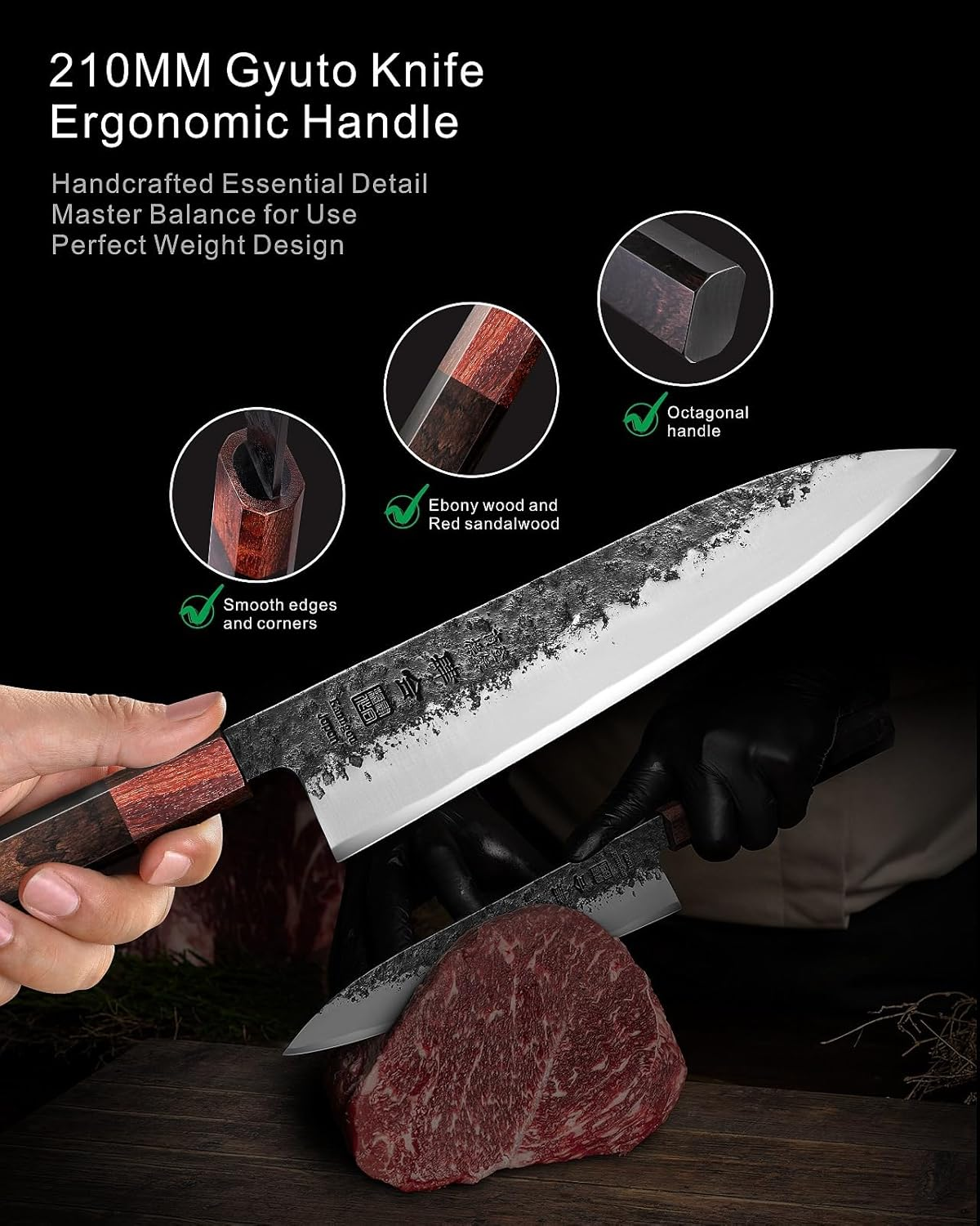 Japanese Kitchen Knife, 8 Inch Chef Knife with AUS-8 Alloy Steel, 210MM Profeeional Black Forged Cooking Knife with Eboy Handle, Chef Gifts with Premium Box (8.27 Inch Gyuto Chef'S Knife) image number 4