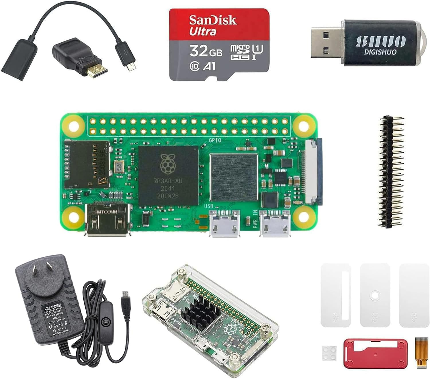 DIGISHUO Raspberry Pi Zero WH Complete Kit 1Ghz 512M Wtih Two Case 32G Sandisk Card Mini Hdmi&Micro USB&GPIO Header (Raspberry Pi Zero WH 8 in 1 Kit)