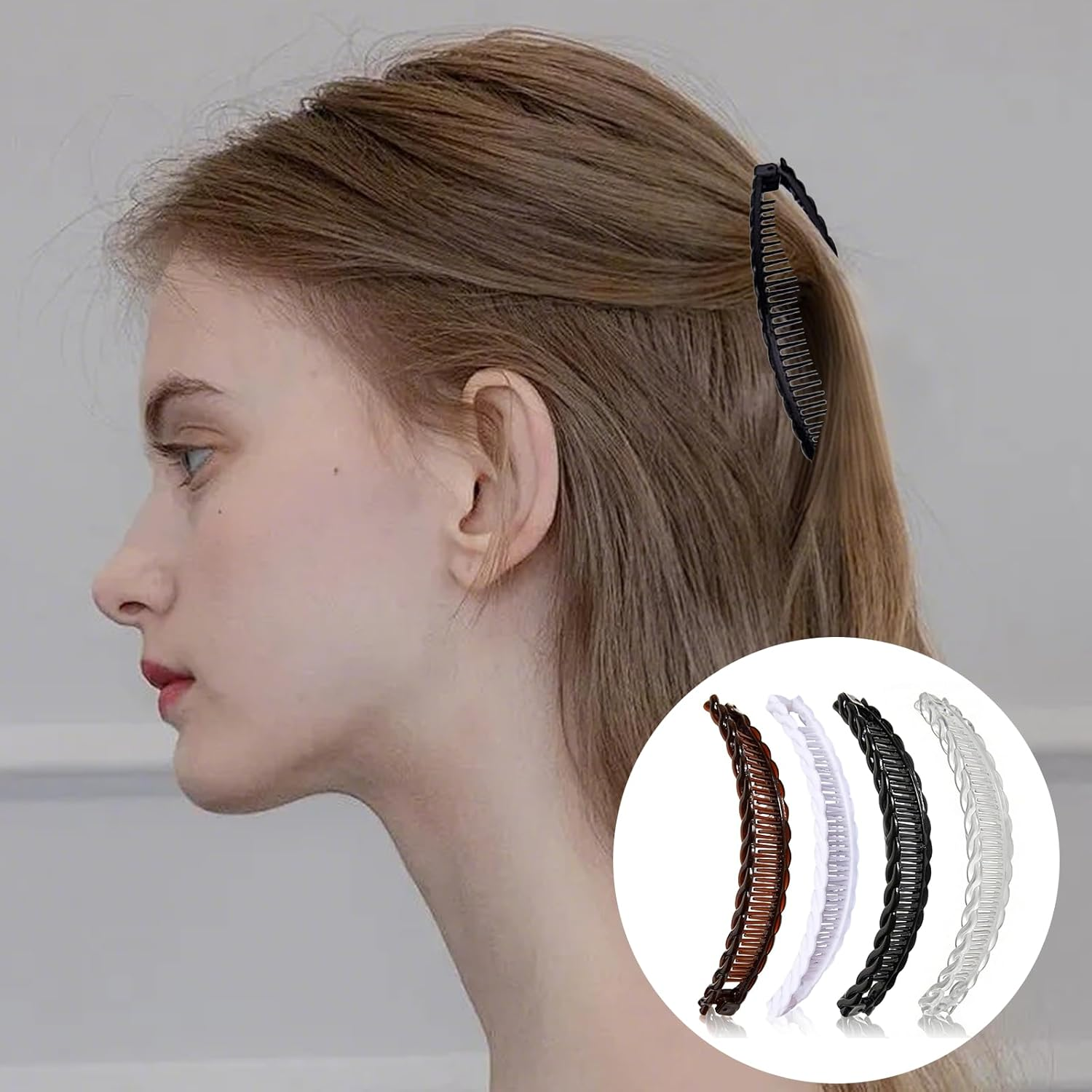 Set of 4 Banana Hair Clips, Banana Hair Clips for Women, Banana Clip Hair for Long Hair, Banana Clip Hair with Stable Hold, Women'S Hair Clips, Black, Brown, White and Transparent image number 3