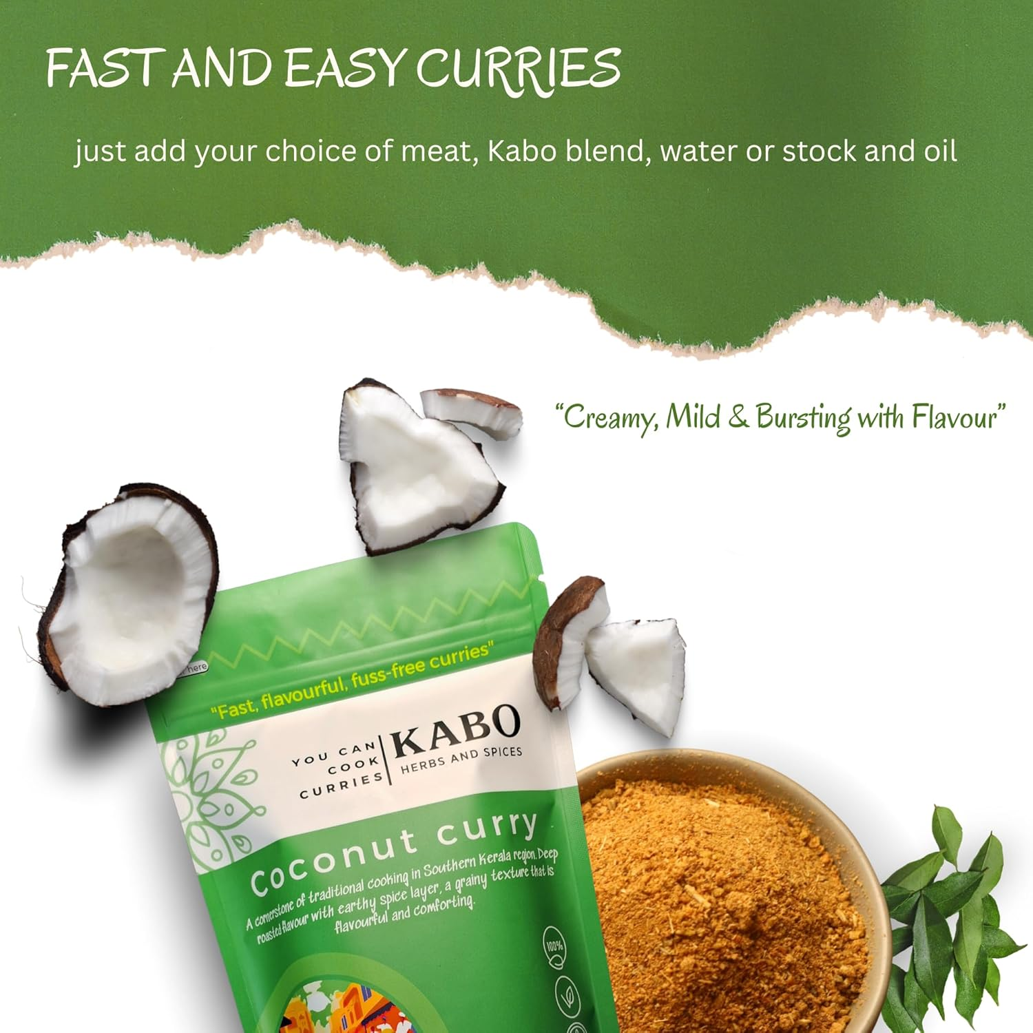 KABO Coconut Curry Masala 100G (3.52Oz) &ndash; Authentic South Indian Spice Blend with Slow-Roasted Coconut | Complete Mix, No Onion or Tomato Prep Needed for Chicken, Prawn, Lamb, Eggplant & Veg 100% Natural, Vegan, No Additives, Ziplock Pouch image number 1
