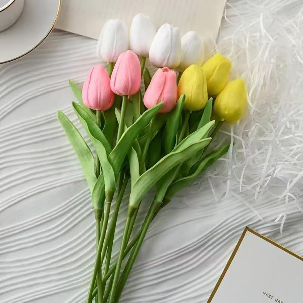 Hbluefat Fake Flowers with Vase, Silk Tulip Artificial Flowers in Flat Ceramics Vase, Small Faux Flower Arrangement for Home Office Decoration, Dining Table Centerpiece (Sunset Red,Silver) - Champagne,Gold image number 2