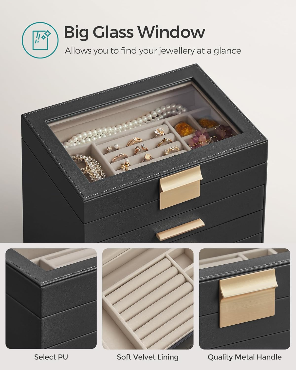 SONGMICS JBC171B01 6 Tier Jewellery Box with Glass Lid 5 Drawers Sunglasses Large Jewellery Storage Modern Graphite Black Gold - Graphite Black + Golden image number 2