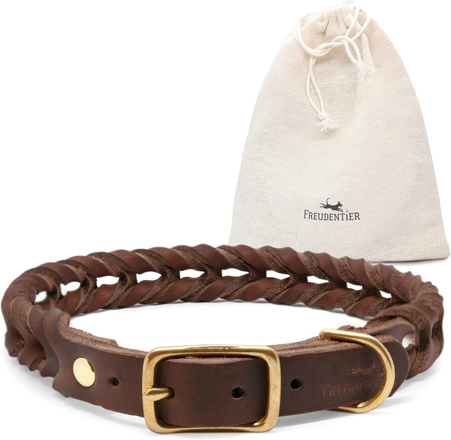 FREUDENTIER Braided Leather Dog Collar - Handmade in Holland - Alstertwist Collection Made of 100% Greased Leather (27 Cm - 33 Cm Neck Circumference, Chocolate) image number 2