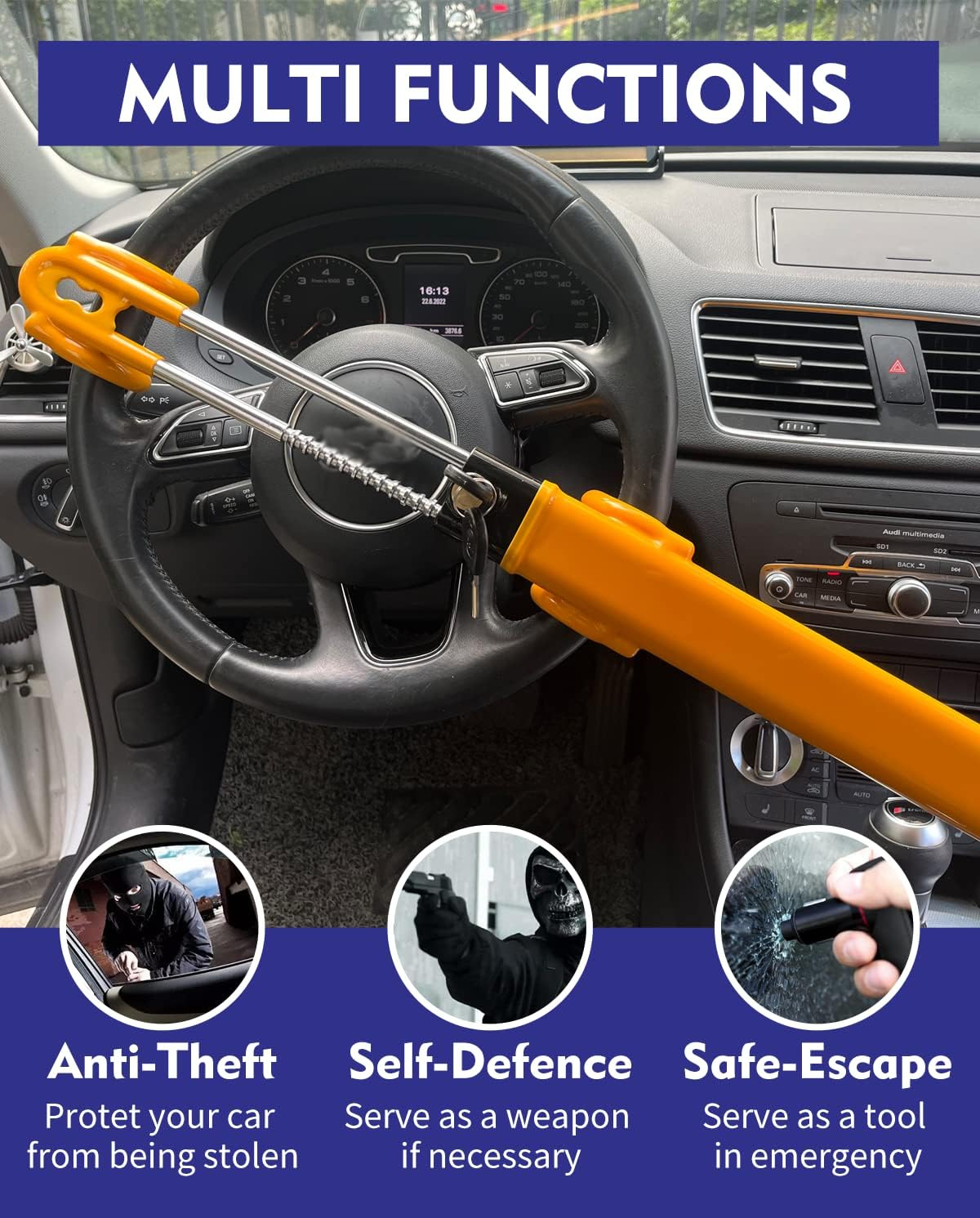 Steering Wheel Lock Anti-Theft Heavy Duty Secure Car Device, Adjustable Length Clamp Double Hook Locks, Universal Fit for Cars, Trucks, Vans and Suvs image number 3