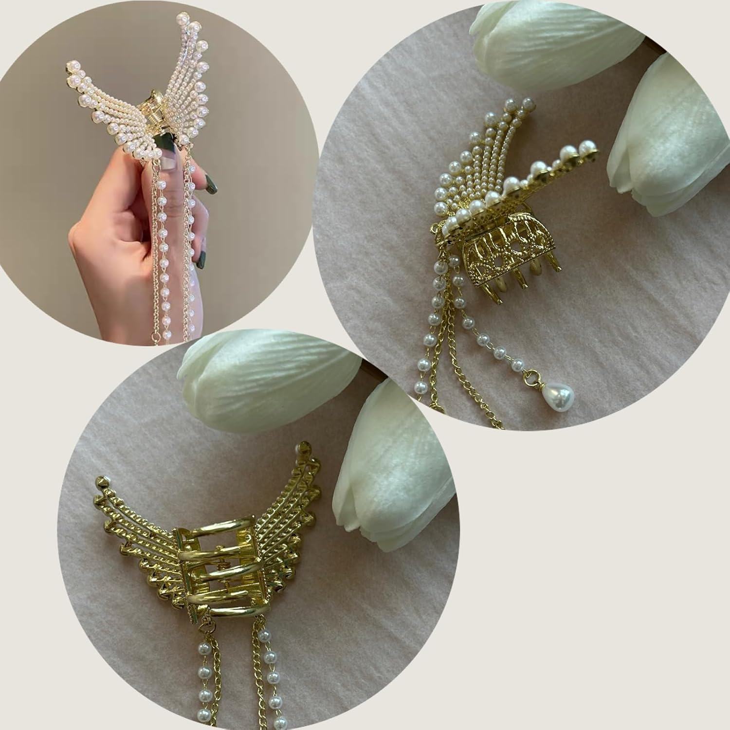 Ypkia Butterfly Hair Clip Small Gold Metal with Fringe Hair Clips Women'S Pearls Rhinestone Elegant Hair Accessory for Women and Girls (Pack of 3) image number 5