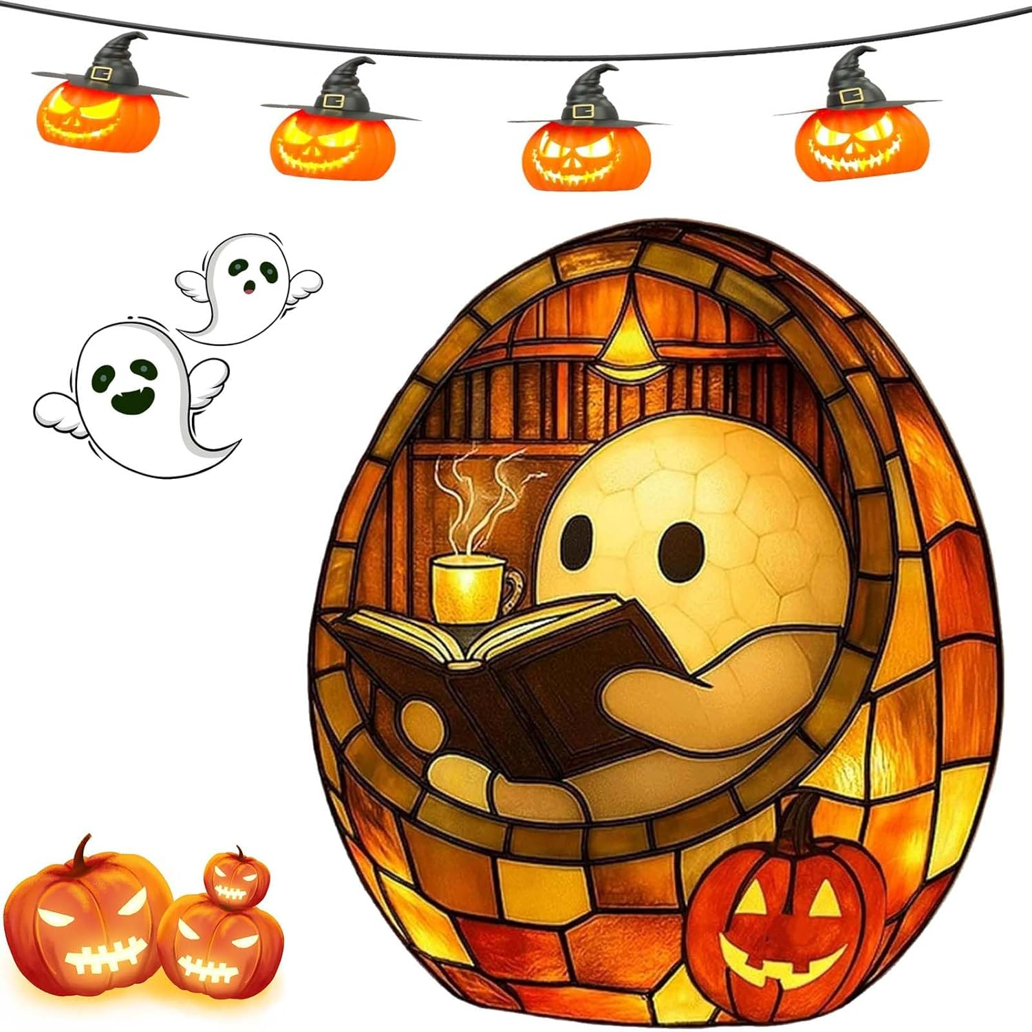 Ghost Reading Book Lamp, Adorable Ghost Reading Night Light, Cute LED Lights, Halloween Nightlights & Mantel Table Decor for Book Lover Readers Kids Adults Study Room image number 4