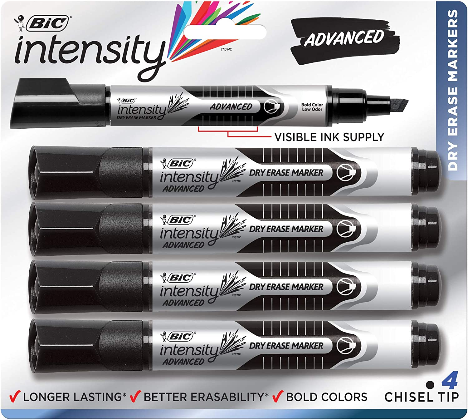 BIC Intensity Advanced Whiteboard Markers, Dry Erase Chisel Tip, Bulk Pack of 4, Low Odour, Non Toxic, Soft Grip, Black