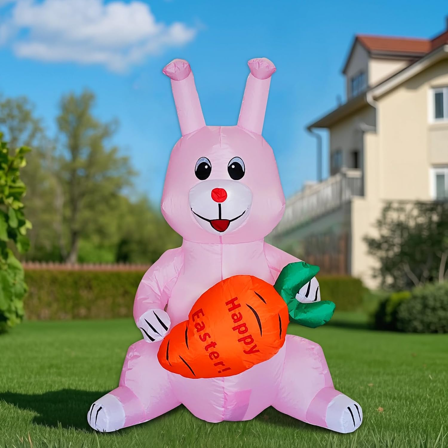 ONEIN 125CM Easter Bunny Inflatables Outdoor Decorations with Built-In LED Light, Blow up Sitting Rabbit Holds a Carrot for Yard Garden Lawn Decor image number 1