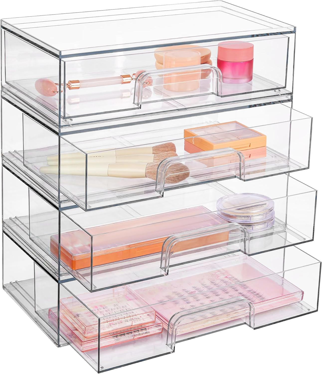 Vtopmart 12''W Clear Stackable Storage Drawers,4 Pack Acrylic Plastic Organizers Bins for Makeup Palettes, Cosmetics, and Beauty Supplies,Ideal for Vanity, Bathroom,Cabinet,Desk Organization image number 4
