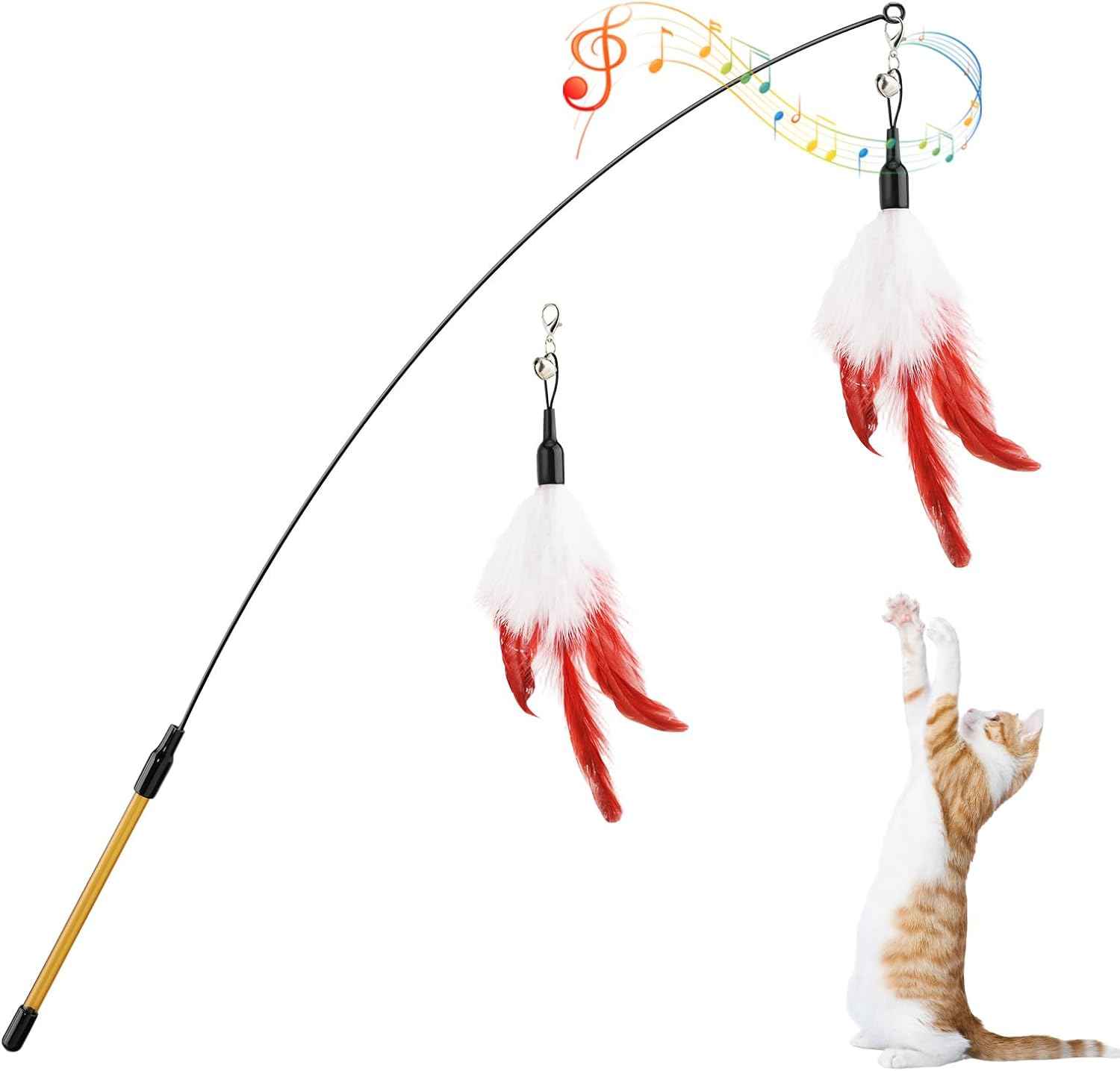 Pawaboo Feather Teaser Cat Toy, Interactive Feather Wand Cat Toy Flying Feather Cat Catcher with Extra Long 31.5" Wand and Small Bell, Exerciser Playing Toy for Kitten or Cat, Wine Red & White Feather image number 1