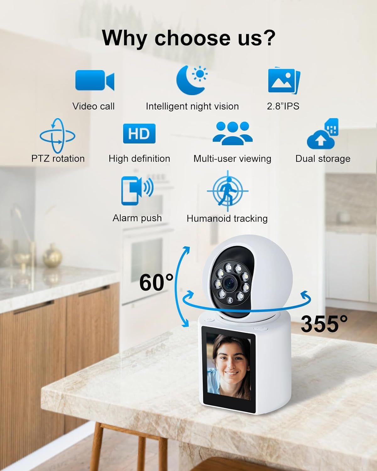 Two Way Video Calling Indoor Camera with 2.8-Inch IPS Screen, 2K Wifi Baby/Elder/Dog/Pet Camera with Phone App, Human/Sound/Crying Detection, One-Button Call, Color IR Night Vision image number 4