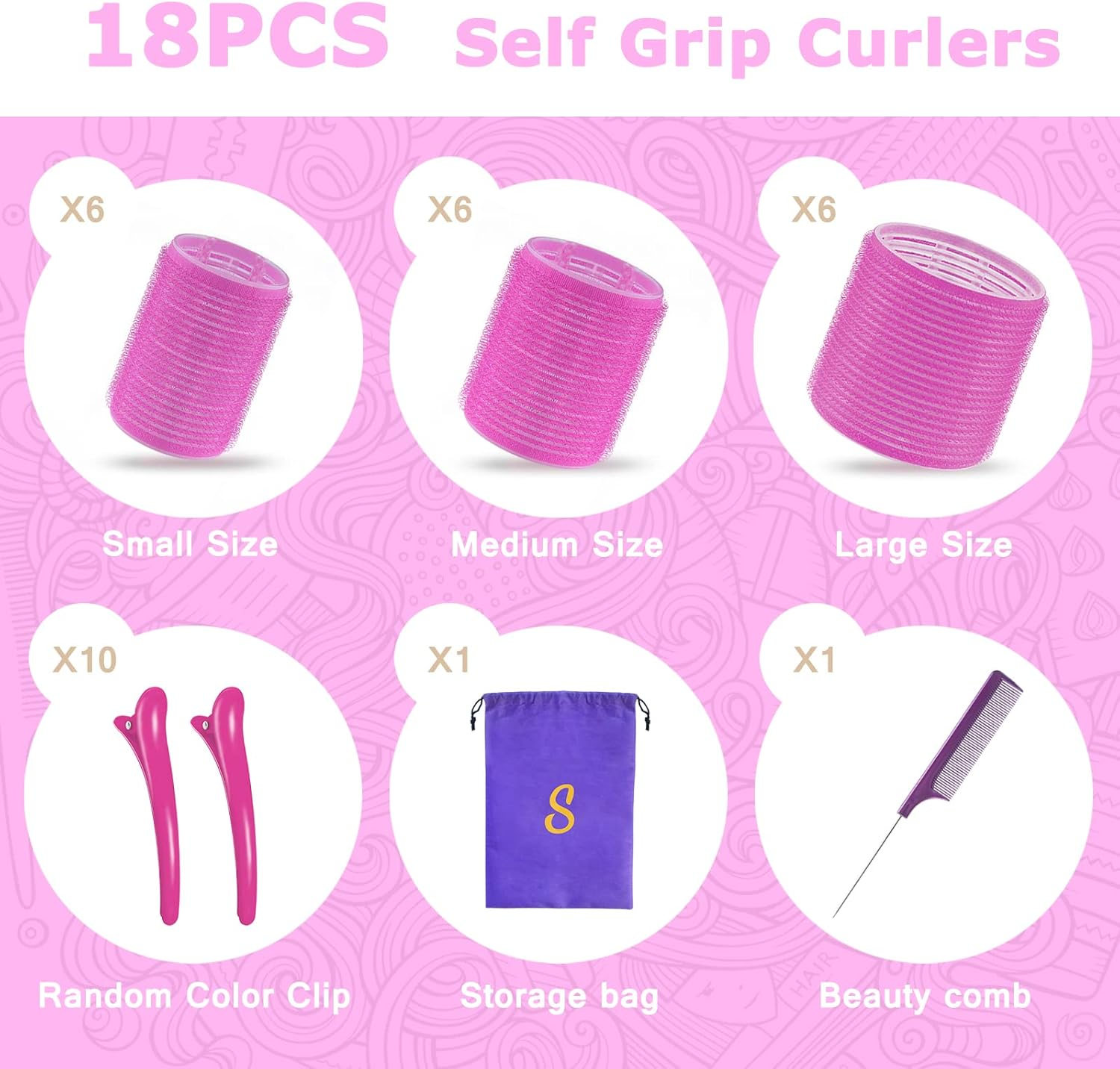 Sungenol Self Grip Hair Roller Set, 18 Pcs, 3 Sizes (Jumbo, Large, Medium) Rose Pink Hair Rollers with Clips and Comb - Red,Rose image number 3