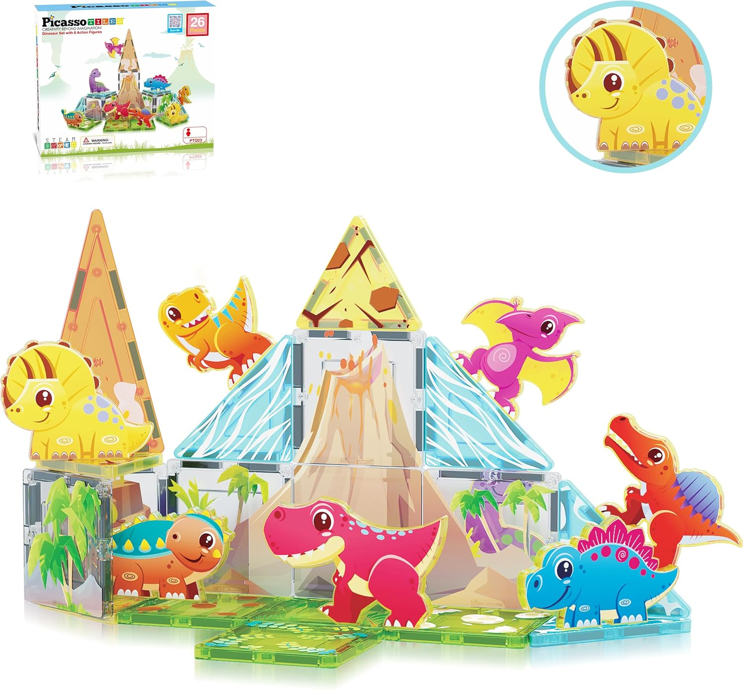Picassotiles Magnet Tile Building Blocks Dinosaur World Themed Playset with 8 Animal Character Action Figures Magnetic Tiles STEM Learning Pretend Play Toy Construction Set Boys Girls Ages 3+ PTQ23 image number 2