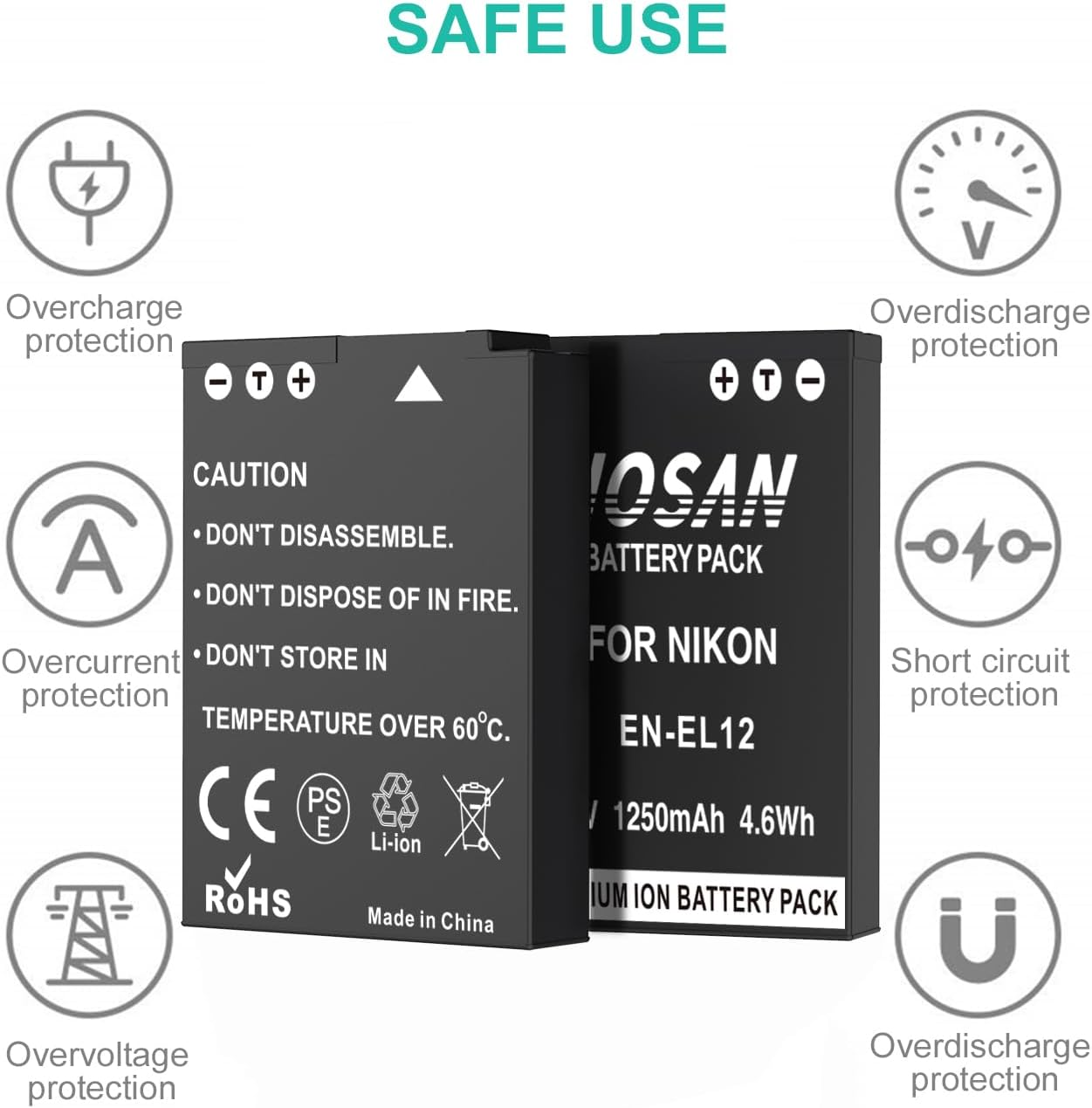 EN-EL12 Replacement Battery (2-Pack) and USB Charger for Nikon EN-EL12 and Nikon Coolpix A900 A1000 AW100 Aw100S AW110 Aw110S AW120 P330 P340 S310 S70 S610 S620 S630 S640