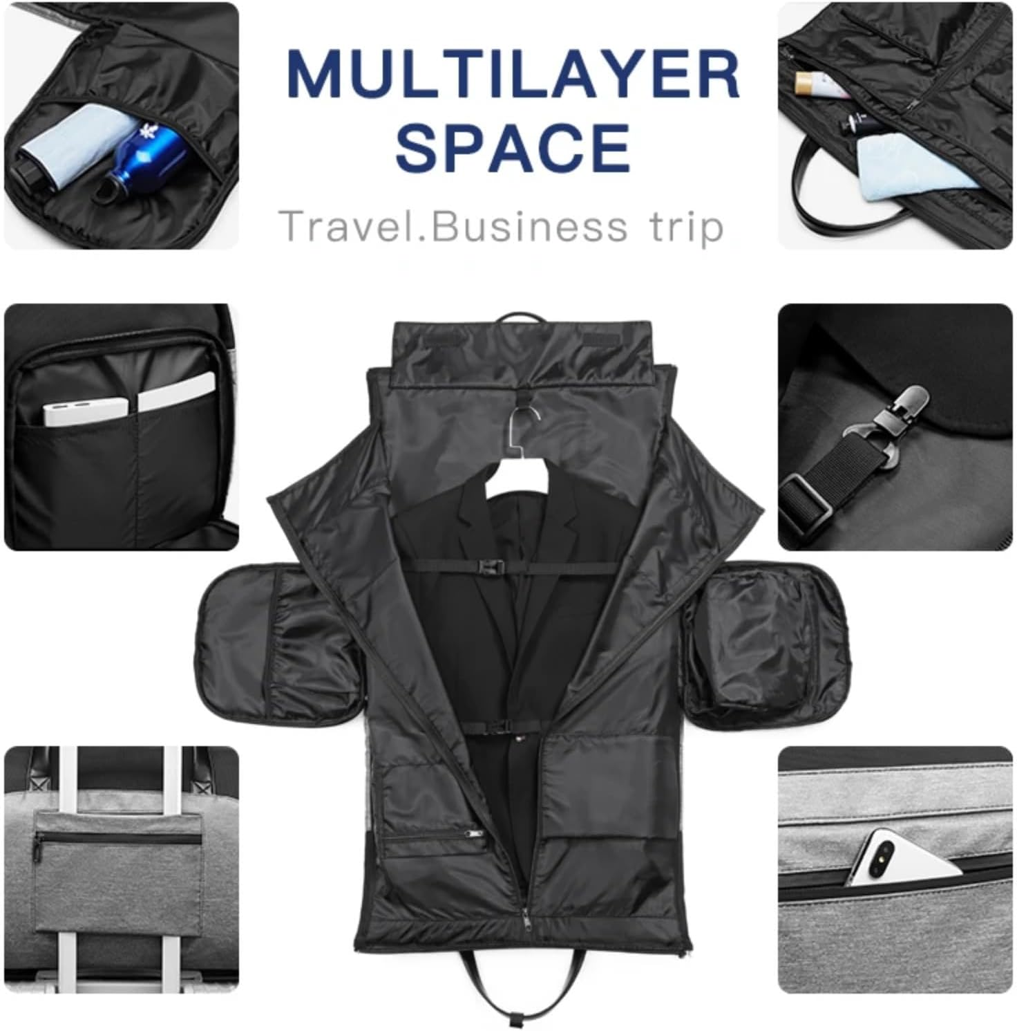 Ozuko 9288 Quality Carry-On Garment Bag Pack Large Duffel Suit Travel Bag Weekend Flight Bag with Shoe Pouch for Men Women, Black - Black image number 5