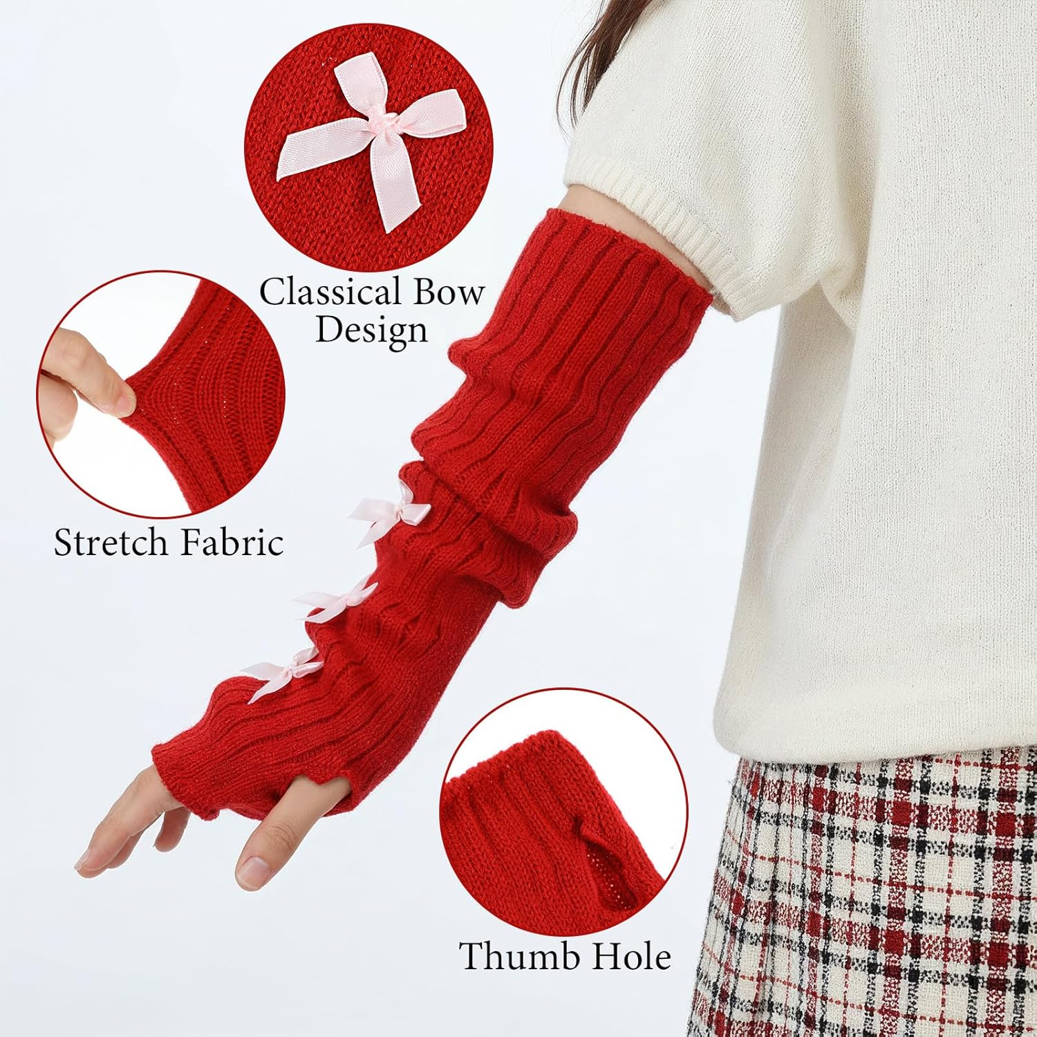 APLZGMG Knitted Arm Warmers, Long-Sleeve Gloves, Y2K Accessories with Bow, Harajuku Lolita Fingerless Mittens for Women Girl image number 2