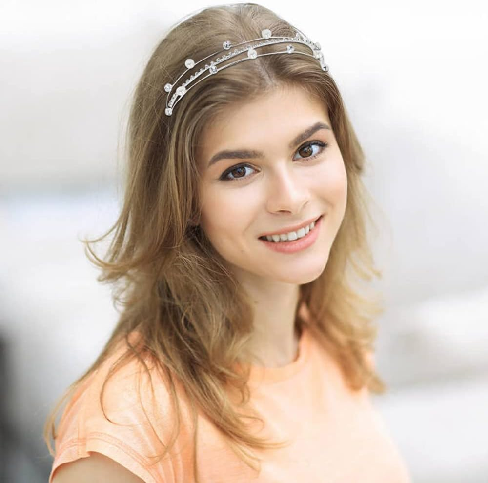 8 Pack Rhinestone Pearl Glitter Sparkly Fancy Silver Metal Headbands Double Hair Bands Slim Thin Skinny Hard Hair Bands Crown Tiara Hair Holder Headpieces for Women Girls image number 1