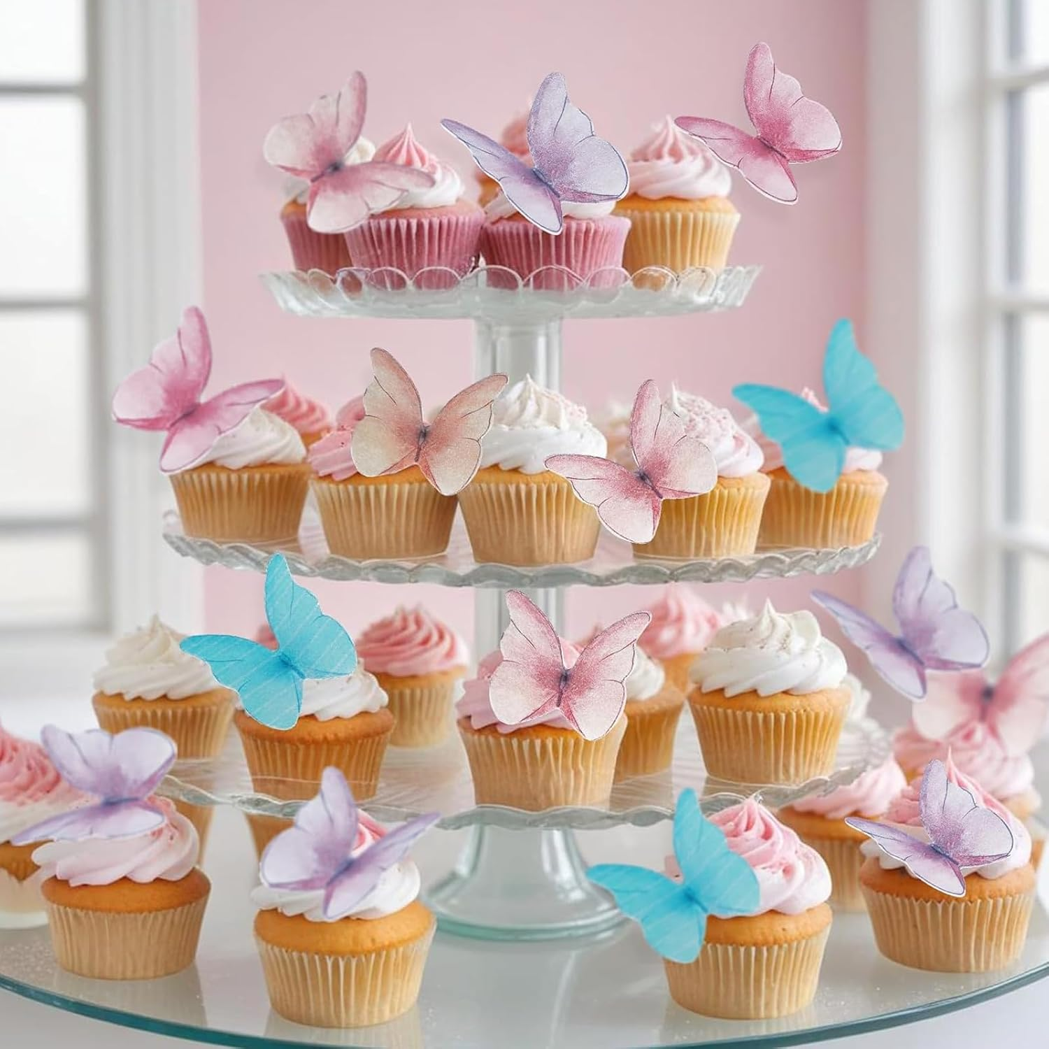 Jotia 48Pcs Butterfly Birthday Cake Topper Decoration, Edible Butterfly Cake Topper 3D Colorful Realistic Cake Topper Edible Butterfly Cake Decorations Edible Wafer Paper for Birthday (Pink) - Pink image number 2