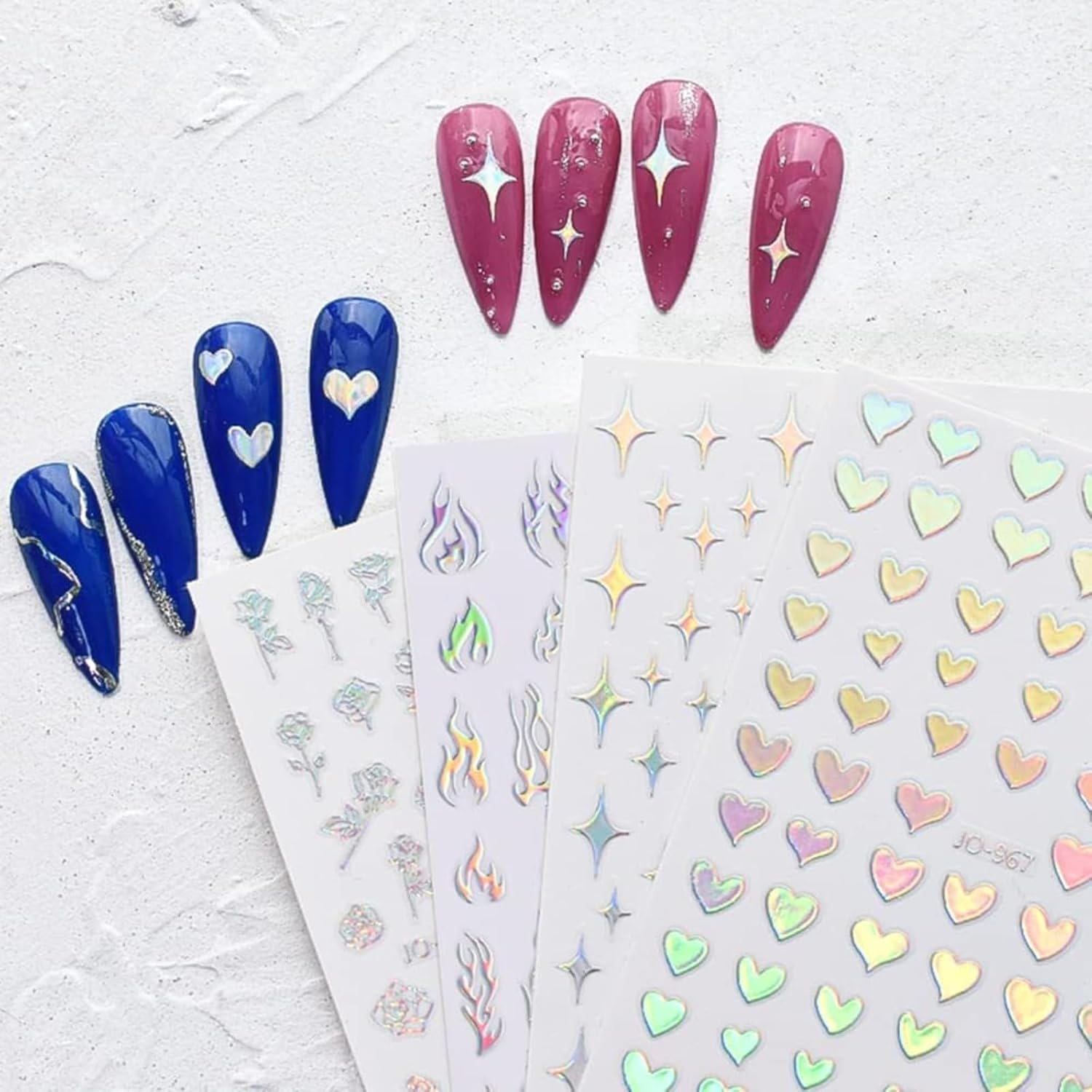 8 Sheets of Laser Nail Stickers 3D Holographic Laser Heart, Star, Moon, Flame, Flower, Butterfly Stickers Self-Adhesive Art Stickers DIY Design Decoration (8 Types) image number 3