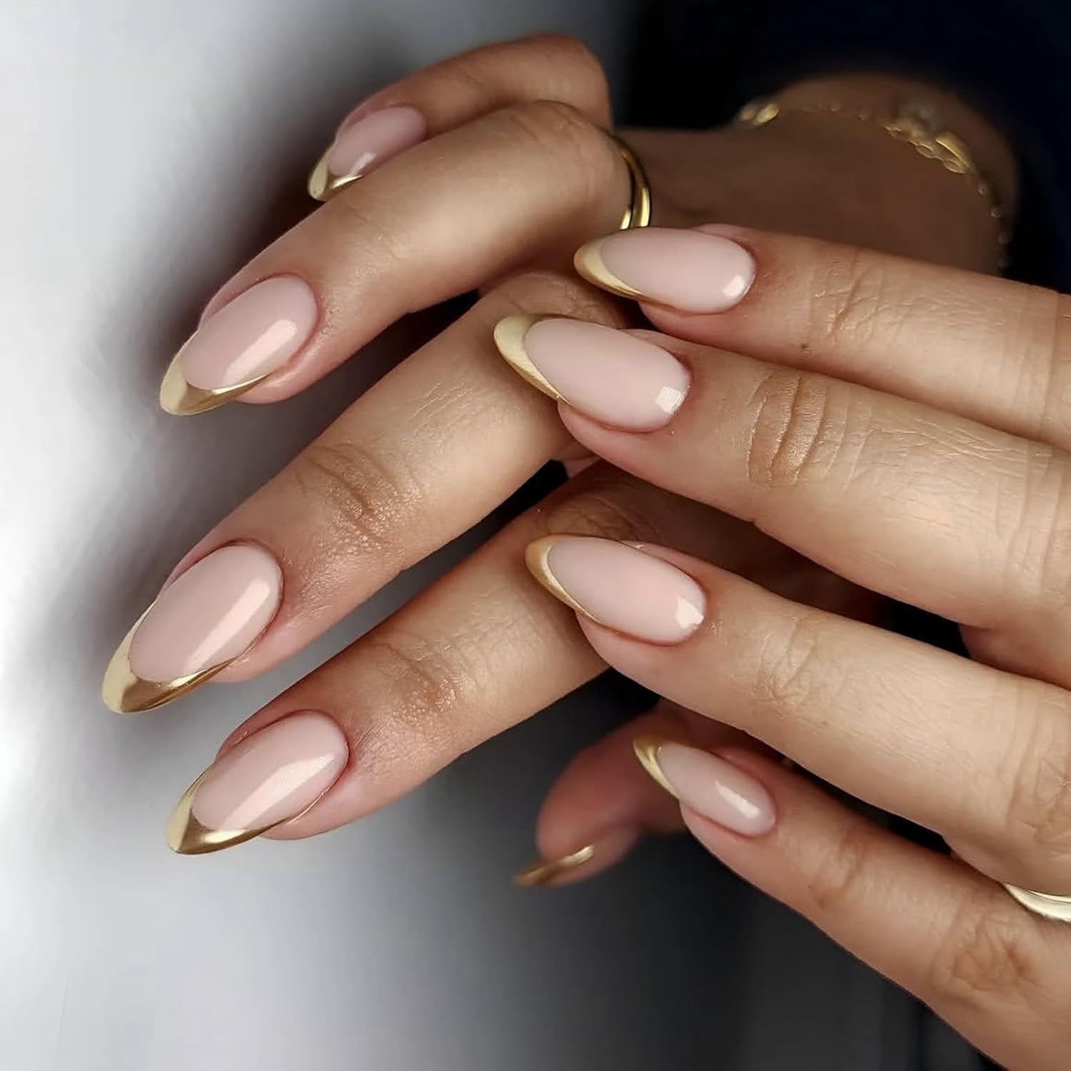 24 PCS Gold French Tip Press Nail Almond Shape Fake Nails Reusable Acrylic Nail Glossy Full Cover Stick image number 1