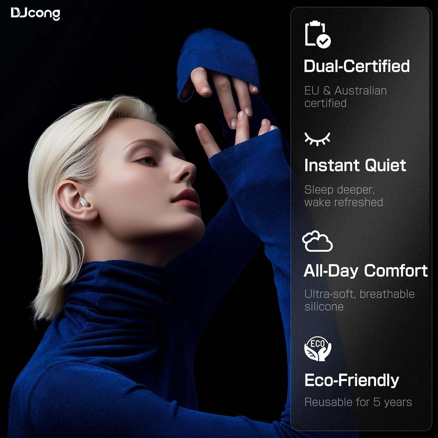 German Red Dot Award-Winning Sleep Earplugs | Djcong Ultra-Comfy Ear Plugs for Sleeping &ndash; 26Db Noise Reduction | Noise Cancelling Earbuds &ndash; Certified Hearing Protection Headphones for Sleeping, Snoring, Travel & Focus | the Ultimate Gift of Sleep Buds for Christmas, Father'S Day, Mother'S Day & Birthdays (4 Sizes Tips XS/S/M/L + Travel Case) image number 2