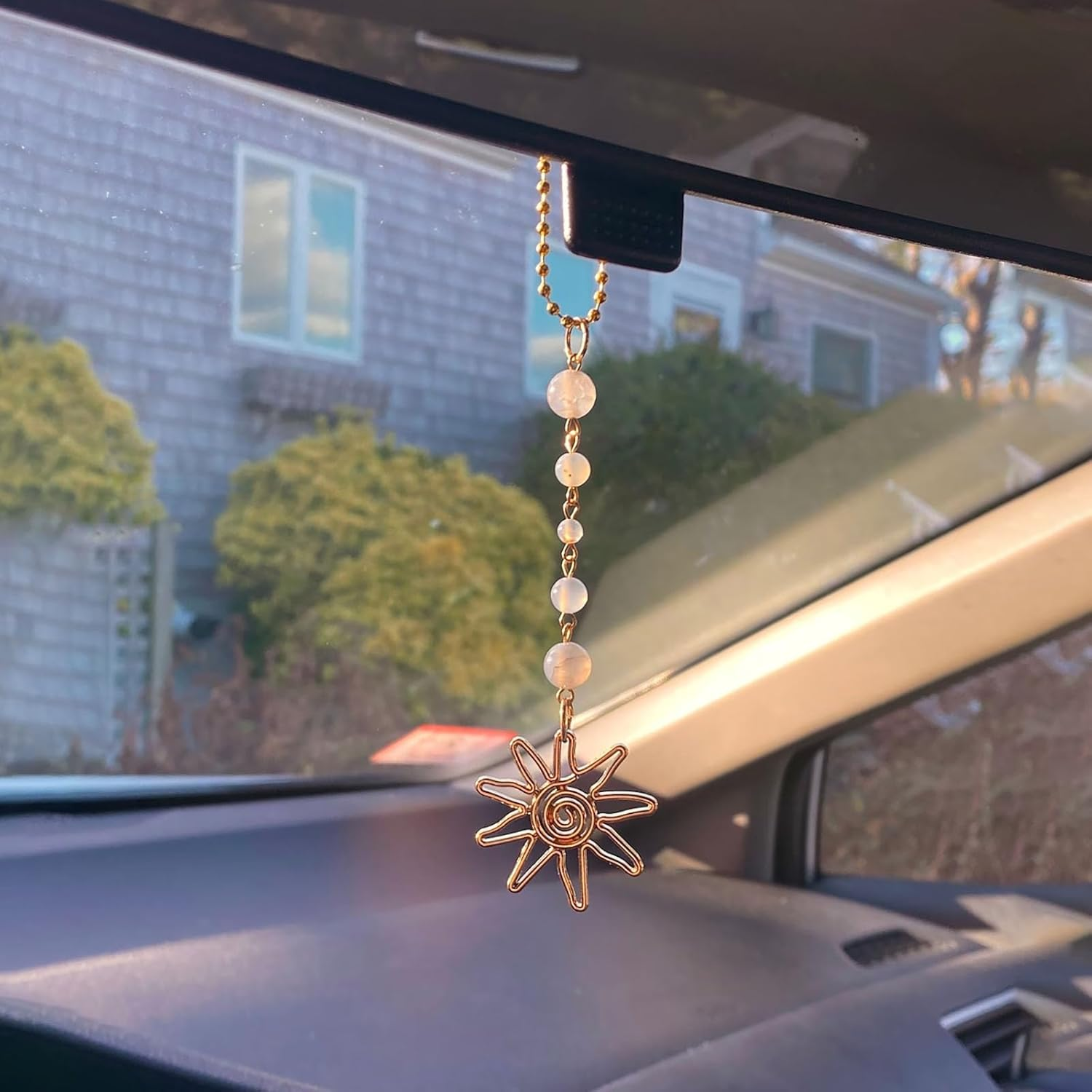 Sun Hanging Car Charm,Green and Gold Rear View Mirror Accessories Cute Boho Dangling Sun Car Decor Handmade Healing Crystals Stones Ornament Gifts for Women Men (Green)