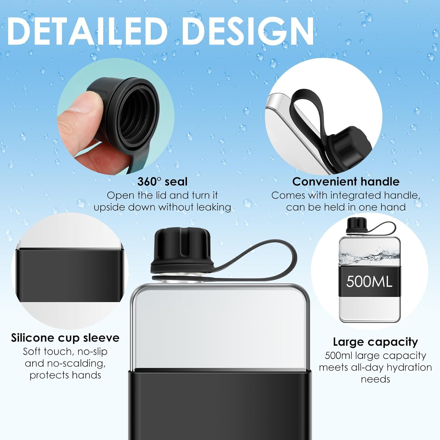 DJAPWPX Flat Water Bottle, Leak Proof Portable Slim Drinking Bottle, Lightweight Large Capacity Slim Traveling Water Mug for Outdoor (Black) image number 4