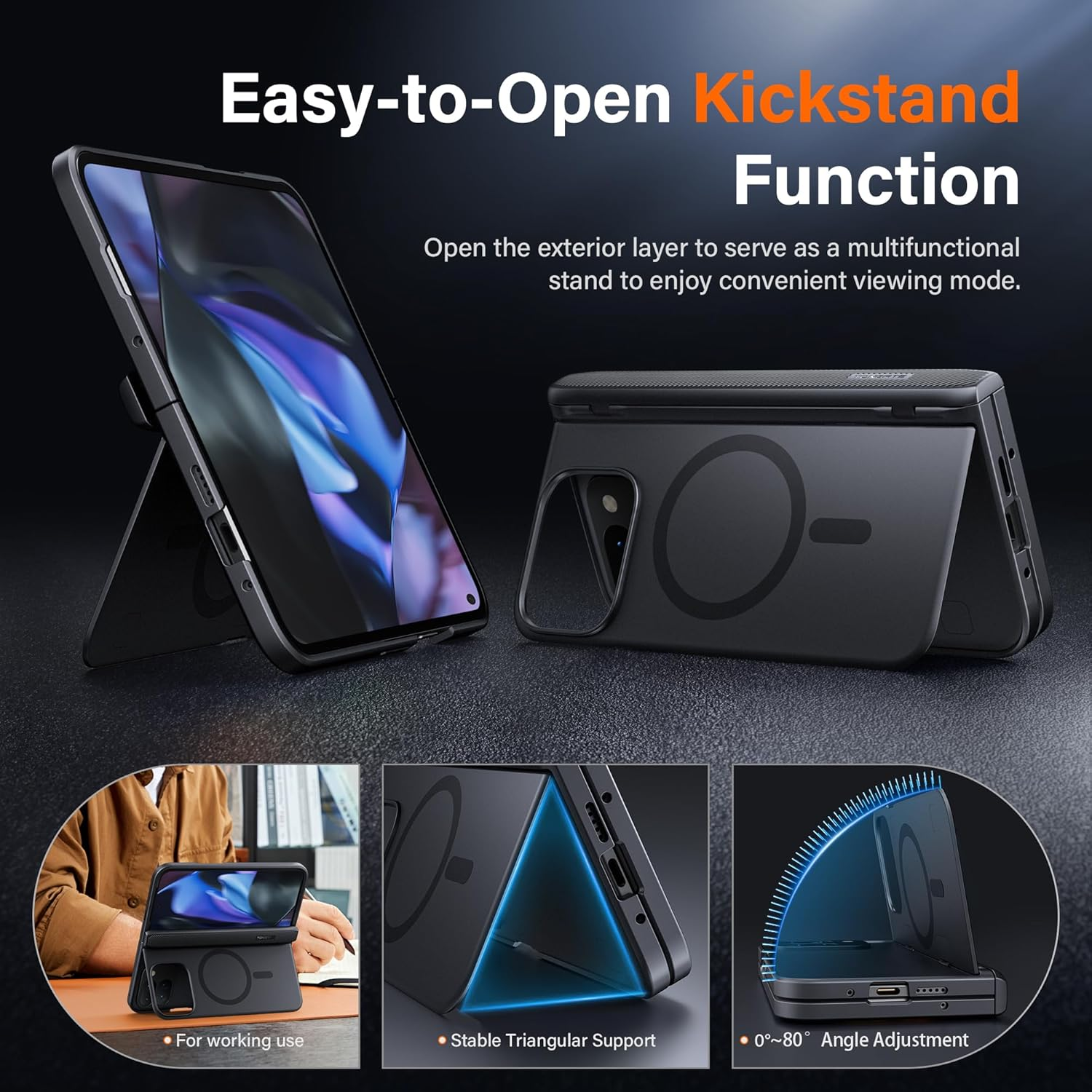 Tongate Magnetic Google Pixel 9 Pro Fold Case with Stand, Magsafe Compatible, Rugged Phone Case with Built-In Screen Protector & Hinge Protection for Google Pixel Fold 2 2024, Black image number 5