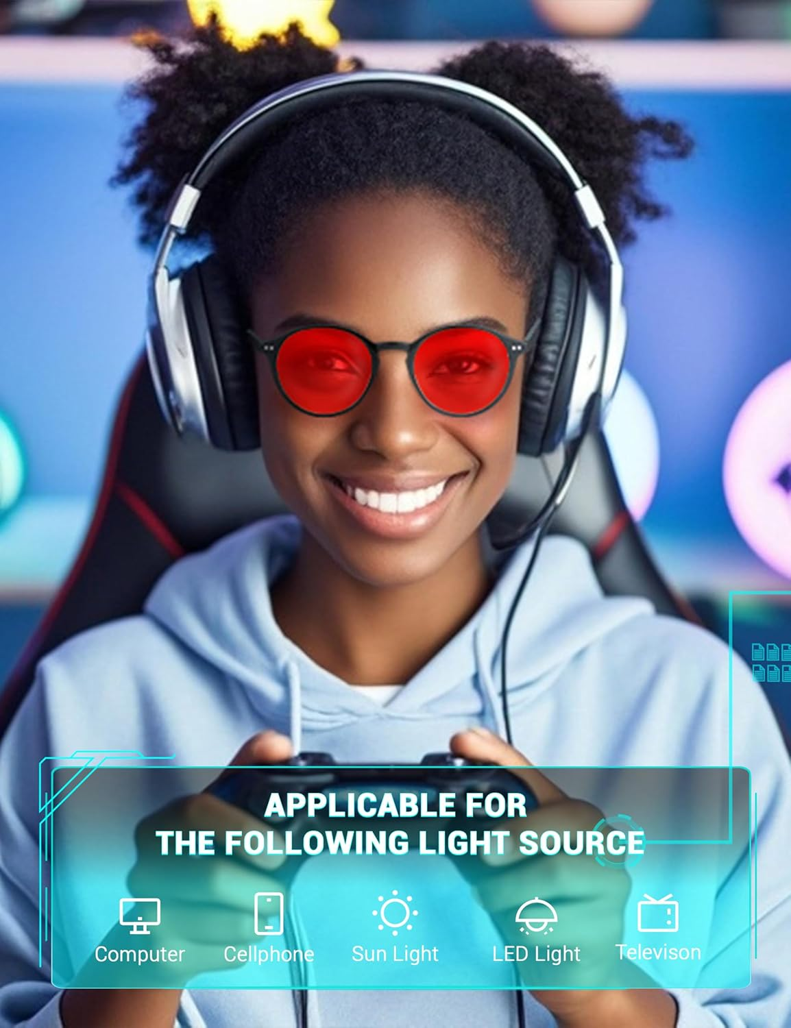 TIJN Blue Light Glasses for Women round Frame Computer Glasses Pink Lens Gradient Glasses - 08.(Max Protect- Red Lens) Black image number 1