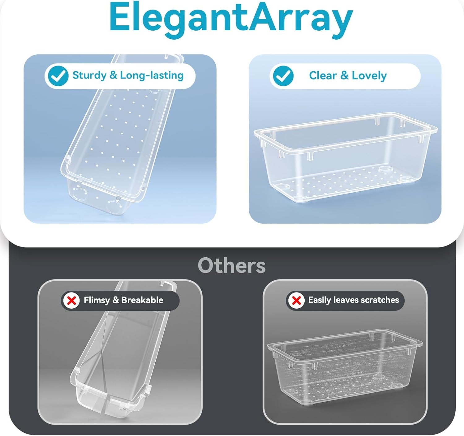 Elegantarray 12 PCS Drawer Organizer Set, 4 Sizes Makeup Vanity Organizer, Clear Plastic Organization and Storage Bins for Makeup, Jewelry, Multiple Gadgets for Kitchen, Bathroom, Office, Bedroom image number 2