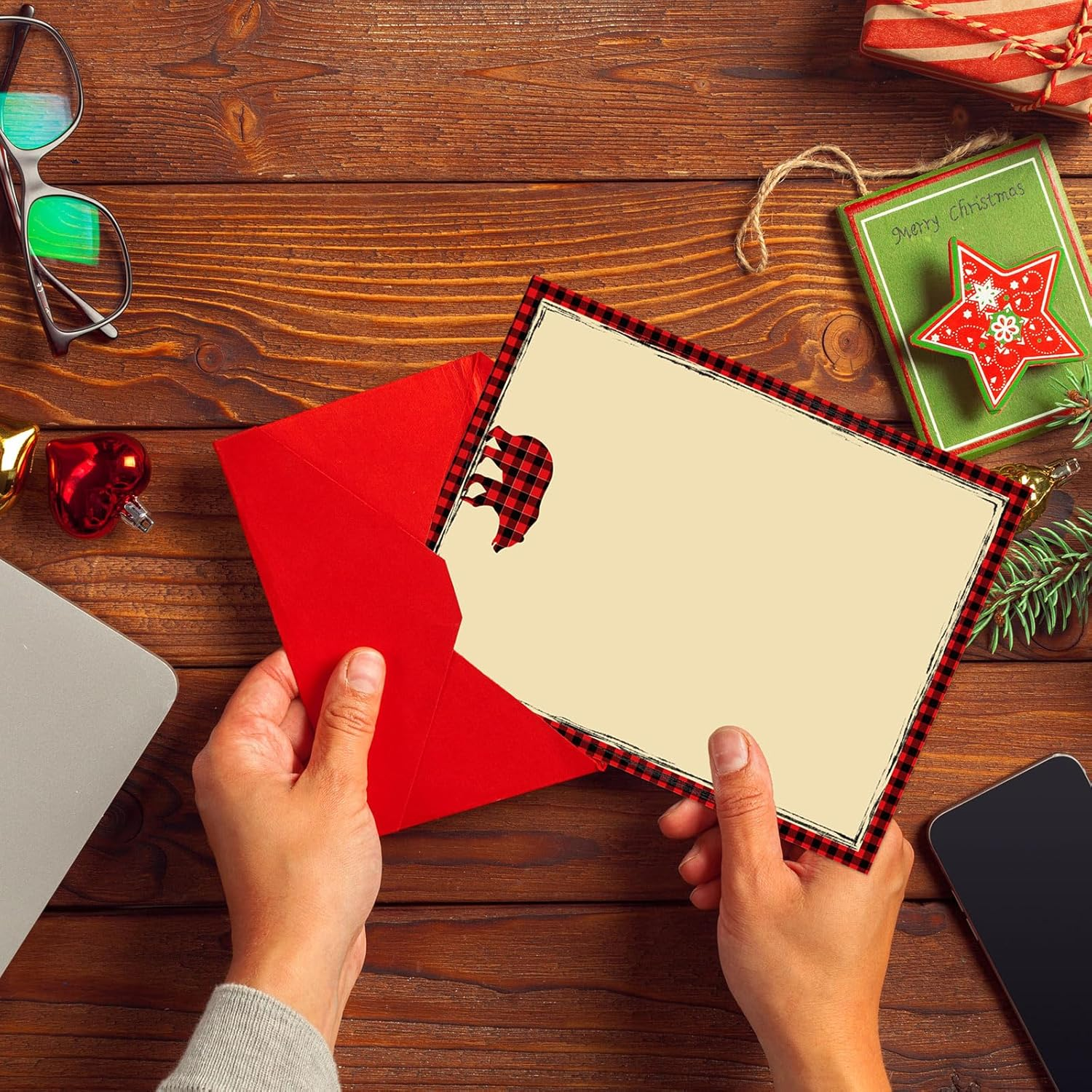 Whaline 60Pcs Christmas Stationery Paper Xmas 4 Designs Decorative Writing Paper Red Black Buffalo Plaid Border Letterhead for Notes Greeting Cards Invitations Office School Printing, 8.5 X 11 In image number 6
