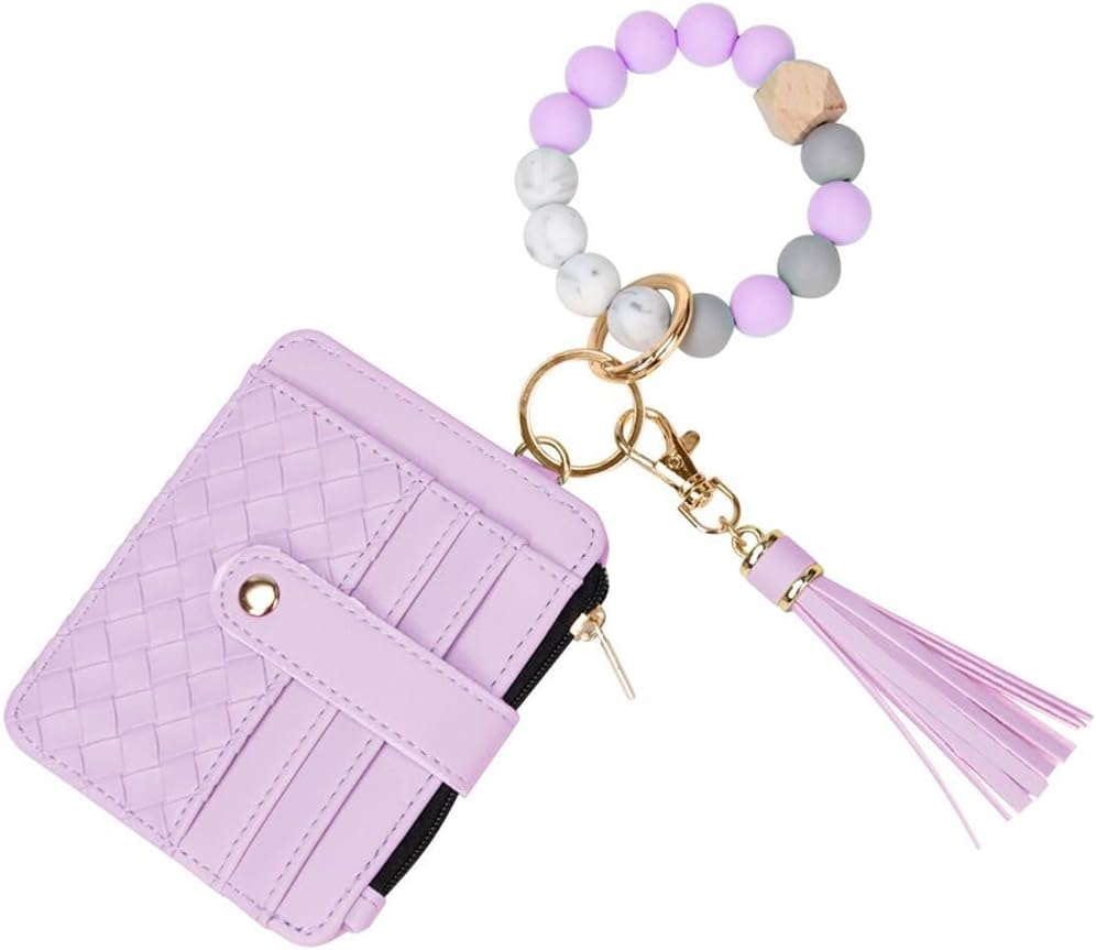 Wristlet Bracelet Keychain Credit Card Holder Purse,Rfid Blocking Zip Slim Wallet,Silicone Bead Tassel Key Ring for Women, Purple, One Size, Keychain Wallet with Bracelet image number 6