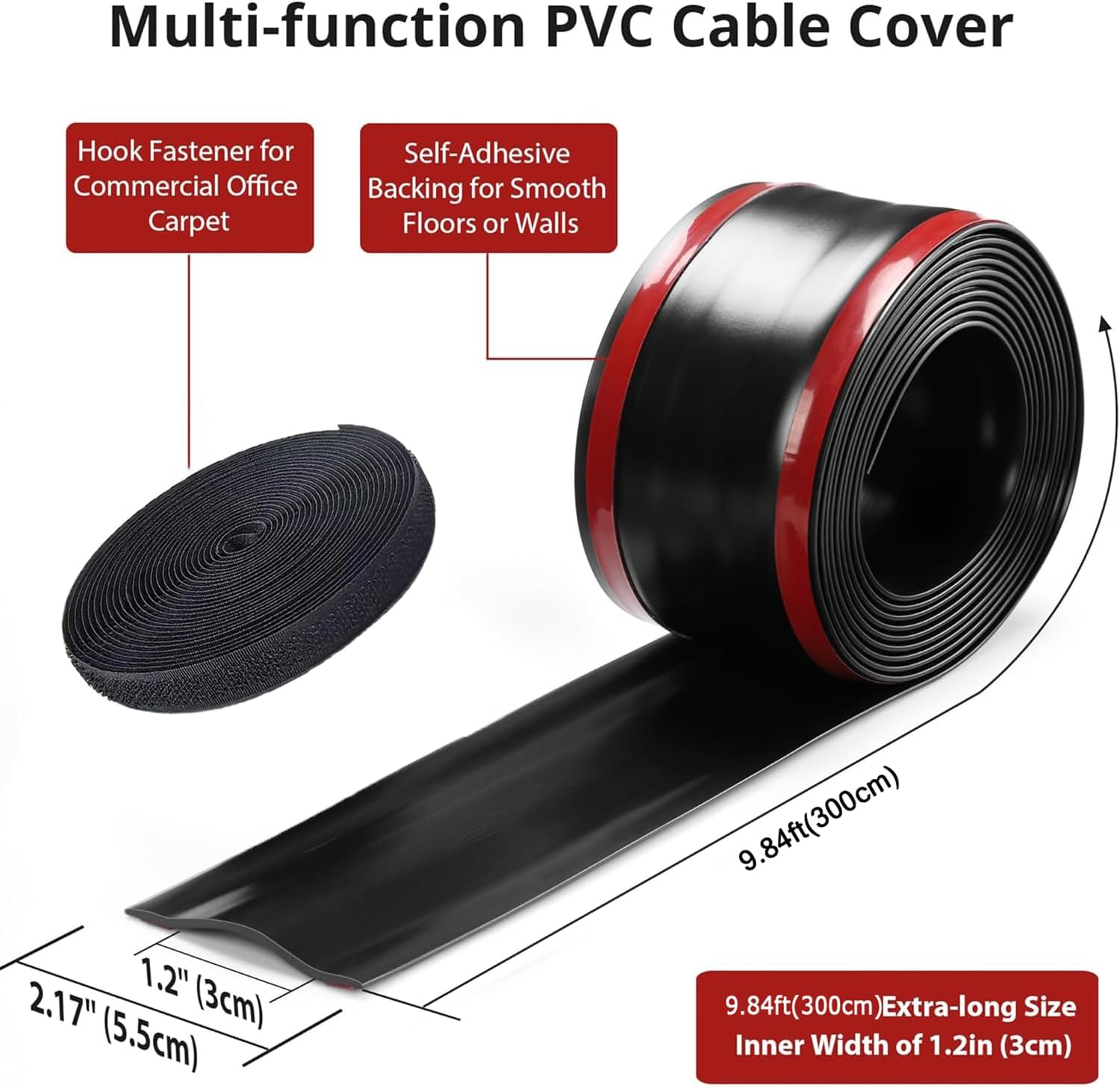 Cord Covers for Wires on Floor, Soft PVC Cord Covers for Wires on Floor, Self-Adhesive Floor Cable Cover Cord Hider, Cable Management Cable Protector for Carpets/Floors/Walls (Black) image number 1