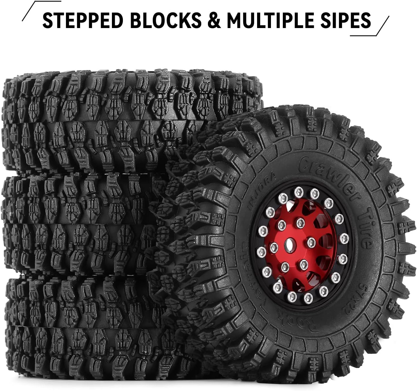 INJORA 1.0 Beadlock Wheel S5 Super Soft Sticky Crawler Tires for TRX4M Axial AX24 SCX24 FCX24 Enduro24 Upgrade, 57 * 22Mm(Red) image number 4