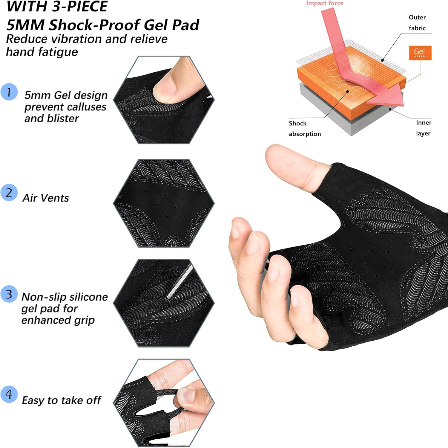 MOREOK Cycling Gloves Bike Gloves for Men/Women-[5Mm Gel Pad] Half Finger Bicycle Biking Gloves for Cycling/Weight Lifting/Gym/Motorcycle/Rowing/Outdoor Sports-128-Balck-S image number 5