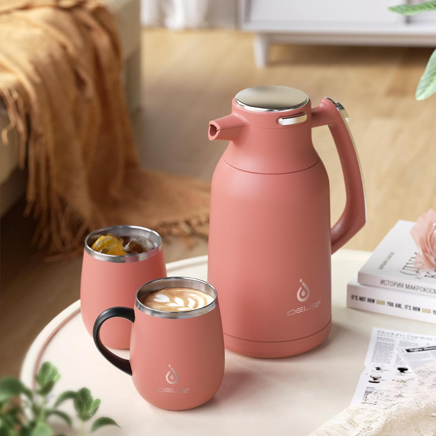 IDEUS Vacuum Insulated Coffee Carafe, 68 Oz (2 Liters) Stainless Steel Milk Jug Thermal Tea Pot Hot & Cold Water Beverage Dispenser (Coral) image number 6