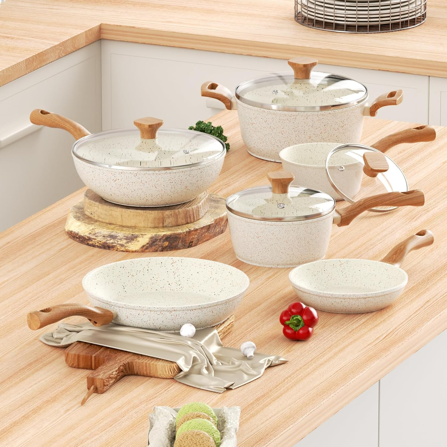 Innerwell Pots and Pans Set Nonstick, 13 Piece Kitchen Nonstick Cookware Sets with Bakelite Handles, White Granite Non-Toxic Non Stick Cooking Set, Induction Compatible(Pfos, PFOA Free) image number 5